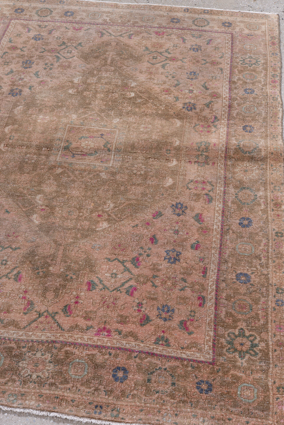 3' x 5' one-of-a-kind handmade vintage Sarouk small size rug. Color palette: blush, taupe, brown, dusty rose, muted blue