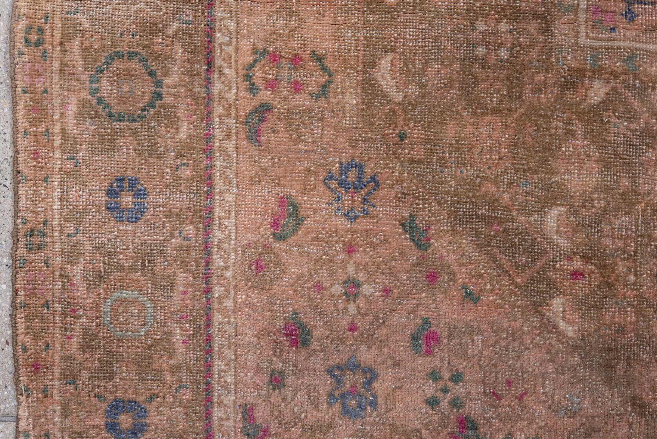 3' x 5' one-of-a-kind handmade vintage Sarouk small size rug. Color palette: blush, taupe, brown, dusty rose, muted blue