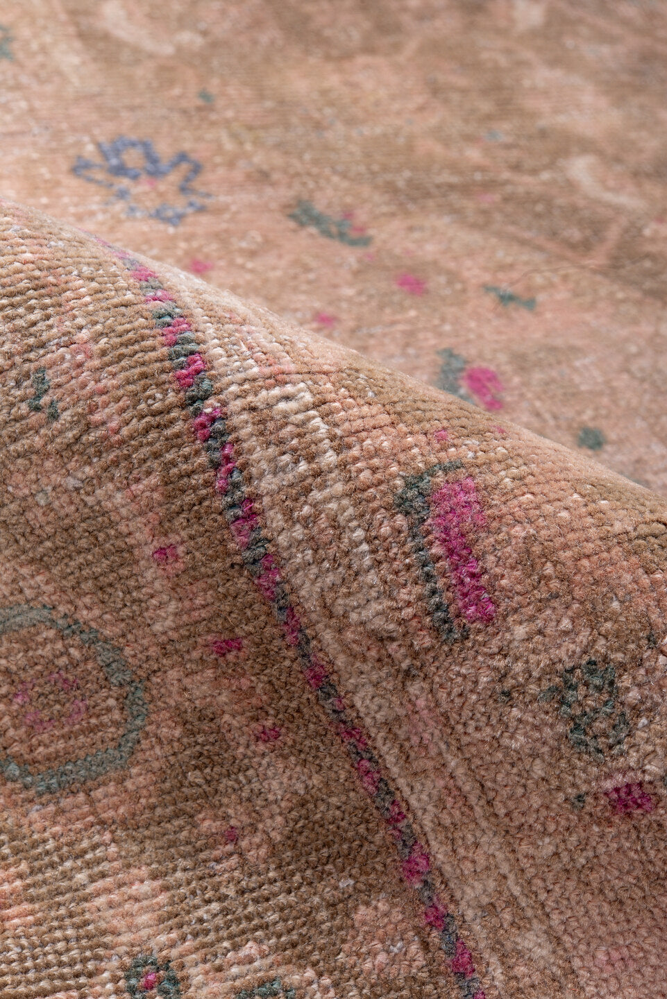 3' x 5' one-of-a-kind handmade vintage Sarouk small size rug. Color palette: blush, taupe, brown, dusty rose, muted blue