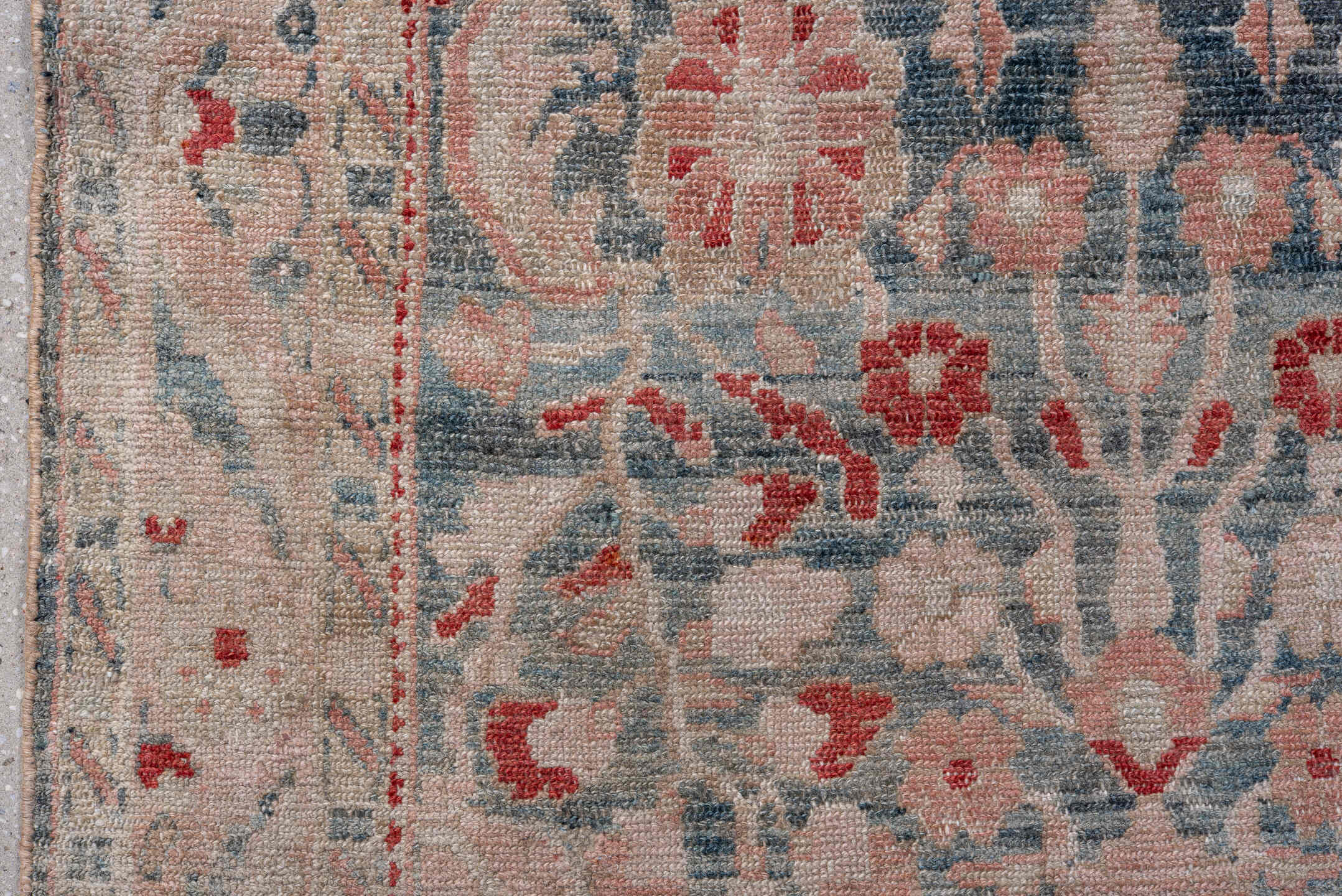 3' x 12' one-of-a-kind handmade vintage Lilian runner rug. Color palette: ivory, powder blue, blush, coral, slate, taupe