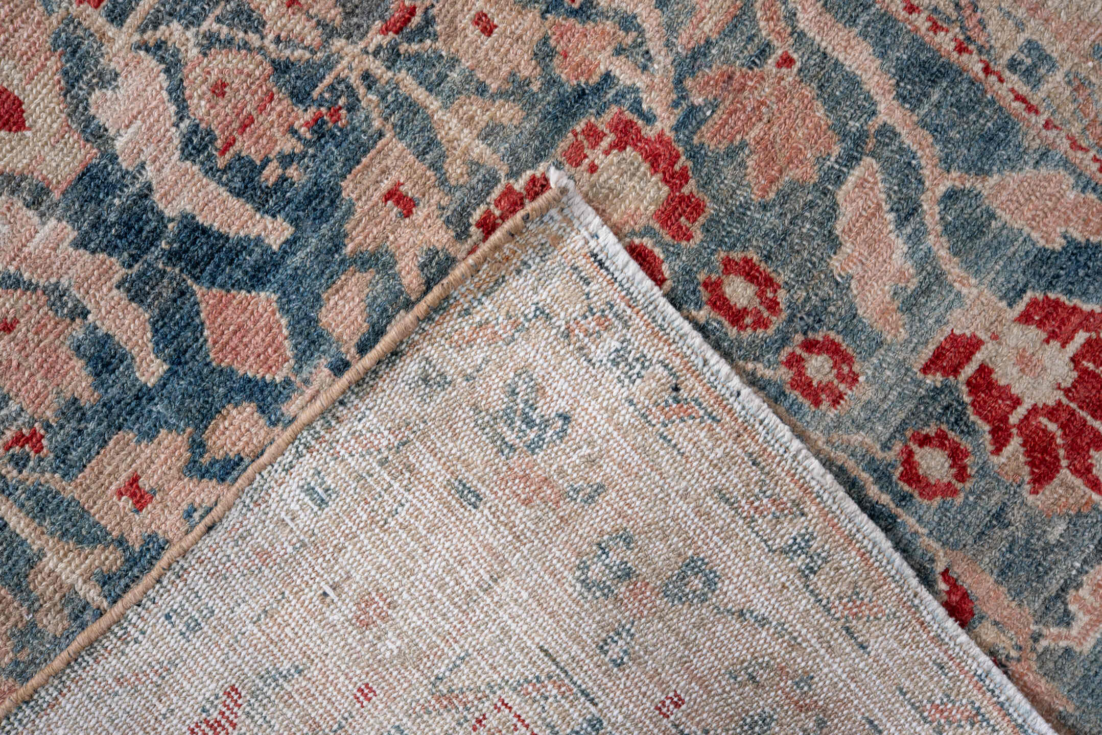 3' x 12' one-of-a-kind handmade vintage Lilian runner rug. Color palette: ivory, powder blue, blush, coral, slate, taupe