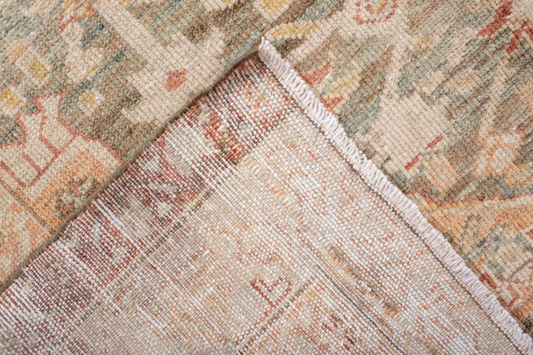 3' x 7' one-of-a-kind handmade antique Malayer rug. Color palette: ivory, sage, sand, terra cotta, taupe, camel, rose, green
