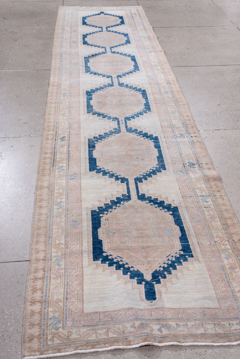 3' x 13' one-of-a-kind handmade vintage Meshkin runner rug. Color palette: blue, gray, light gray, off-white, pink, silver