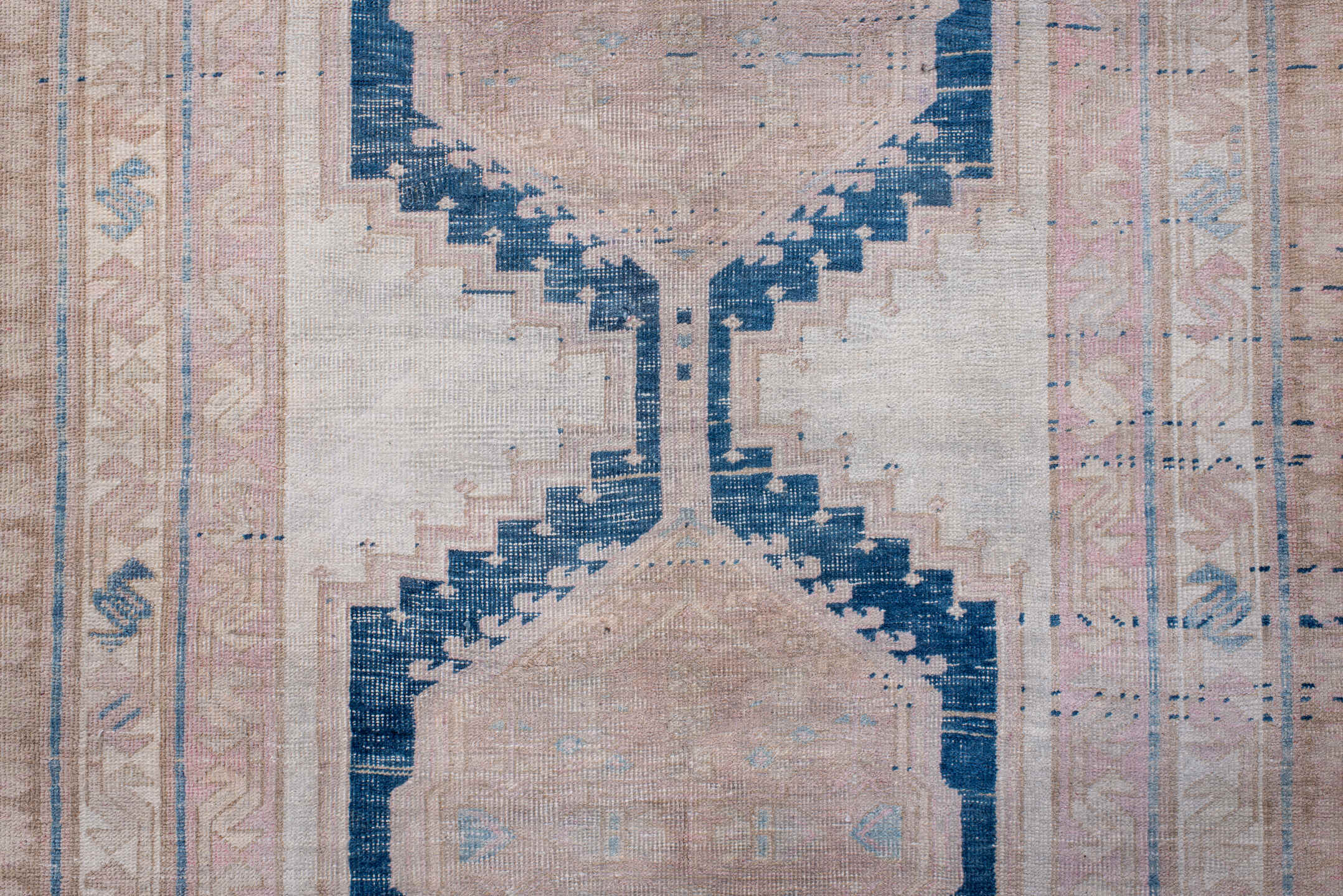 3' x 13' one-of-a-kind handmade vintage Meshkin runner rug. Color palette: blue, gray, light gray, off-white, pink, silver