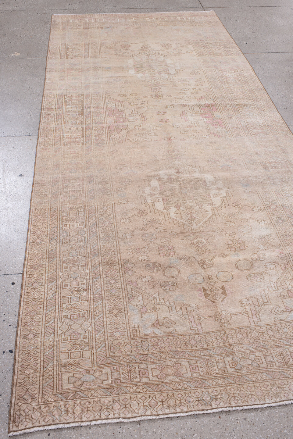 4' x 11' one-of-a-kind handmade vintage Meshkin runner rug. Color palette: gray, light gray, linen, misty rose, off-white
