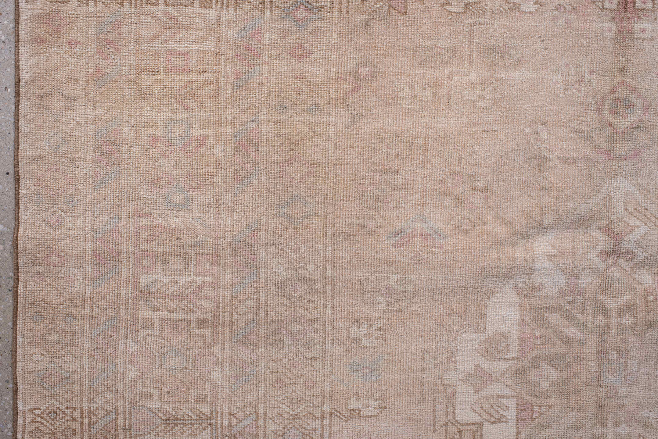 4' x 11' one-of-a-kind handmade vintage Meshkin runner rug. Color palette: gray, light gray, linen, misty rose, off-white