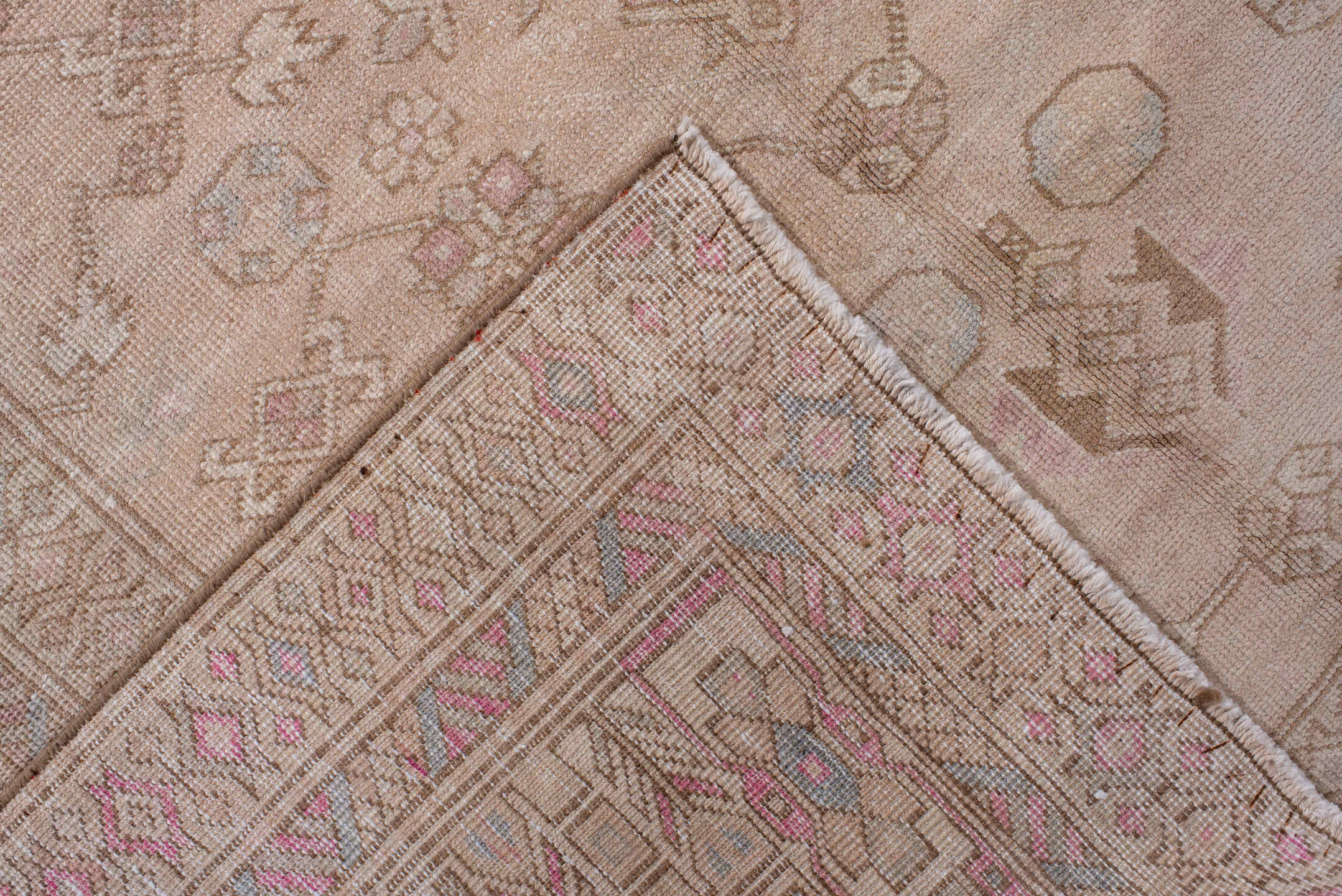 4' x 11' one-of-a-kind handmade vintage Meshkin runner rug. Color palette: gray, light gray, linen, misty rose, off-white