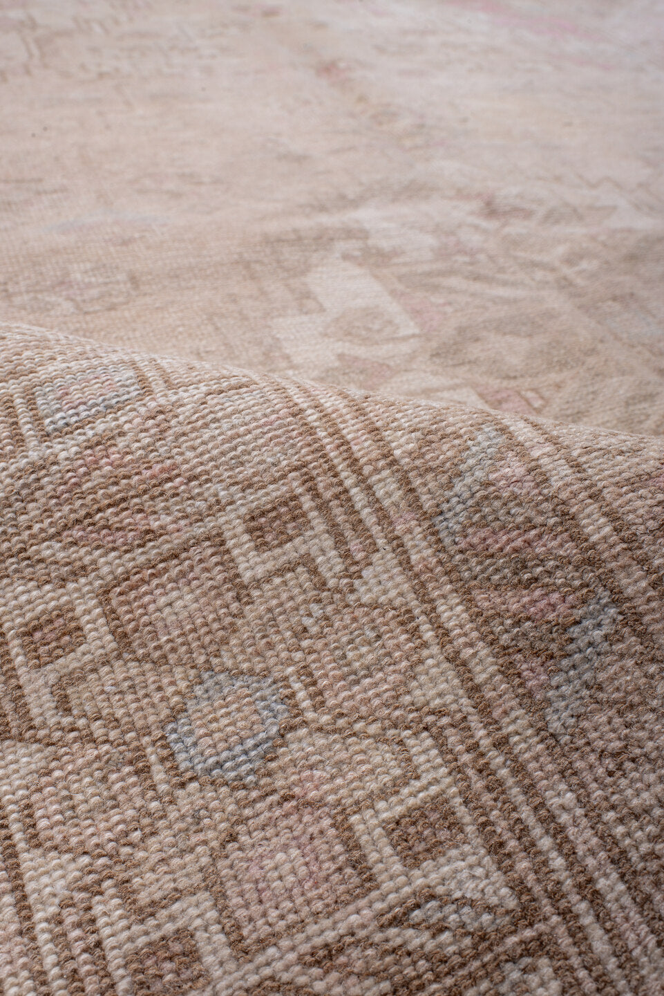 4' x 11' one-of-a-kind handmade vintage Meshkin runner rug. Color palette: gray, light gray, linen, misty rose, off-white
