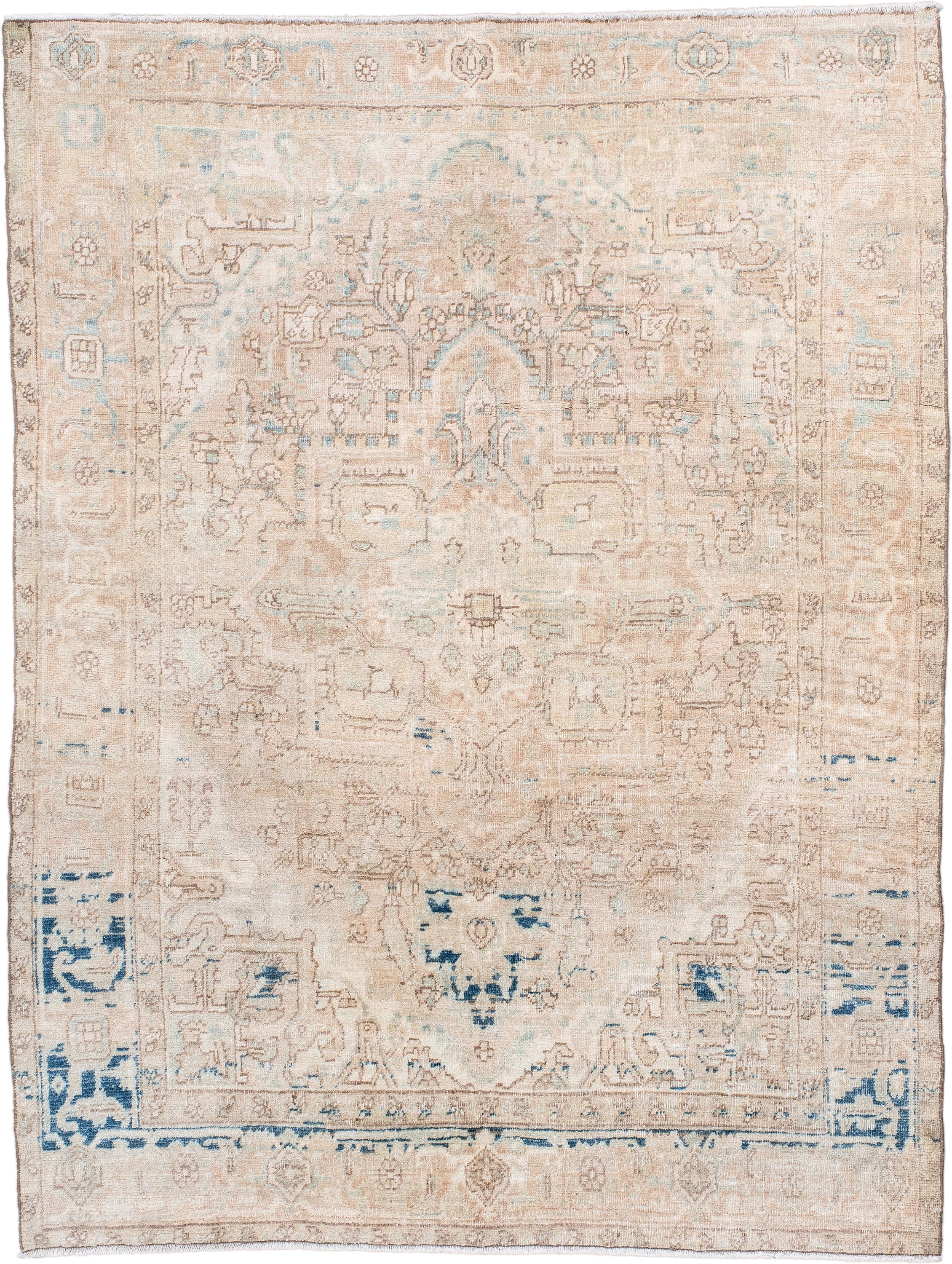 4' x 6' one-of-a-kind handmade antique Sarouk small size rug. Color palette: ivory, beige, tan, sky blue, taupe, camel