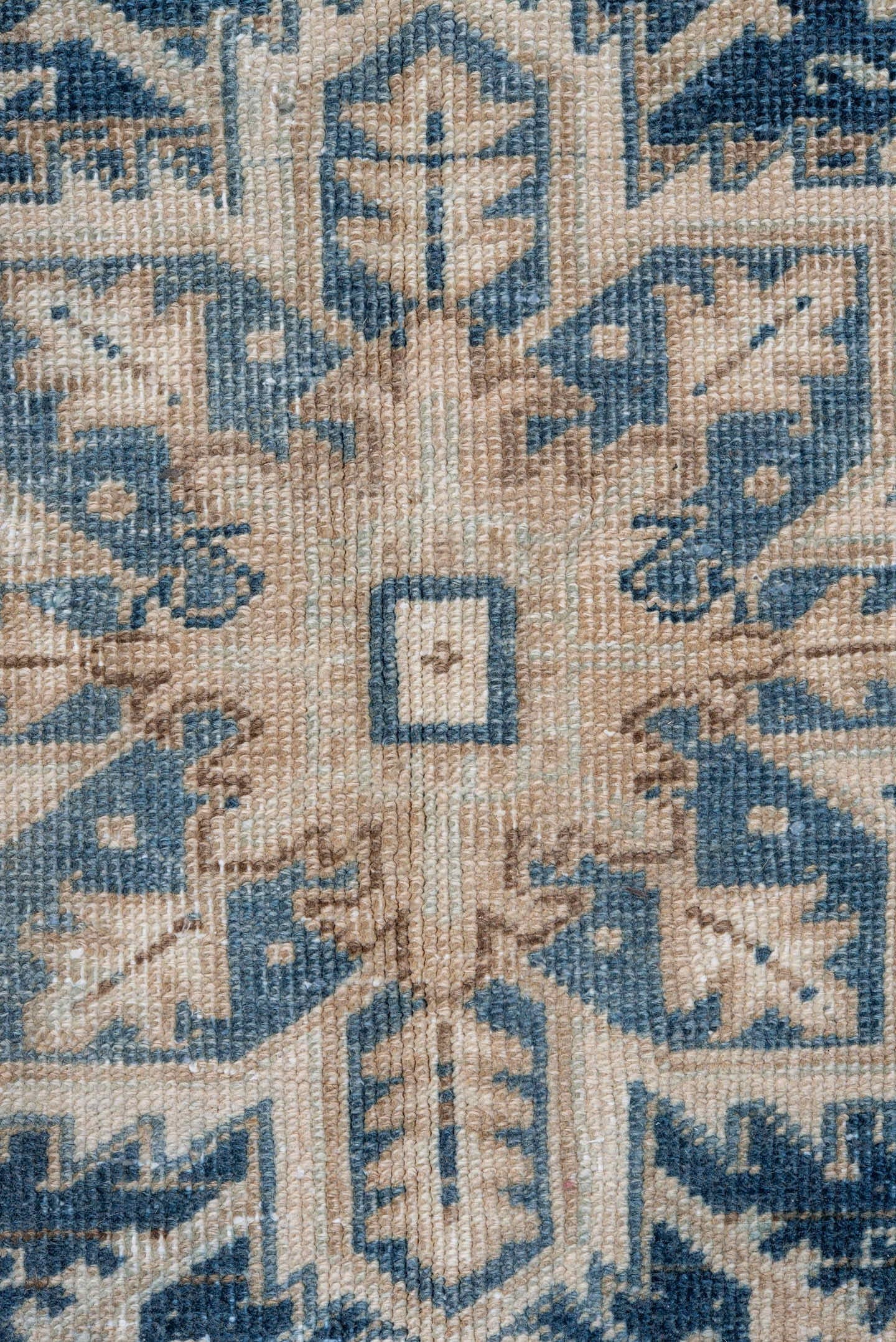 6' x 8' one-of-a-kind handmade antique Heriz medium size rug. Color palette: ivory, blue, navy, beige, taupe, camel, gray