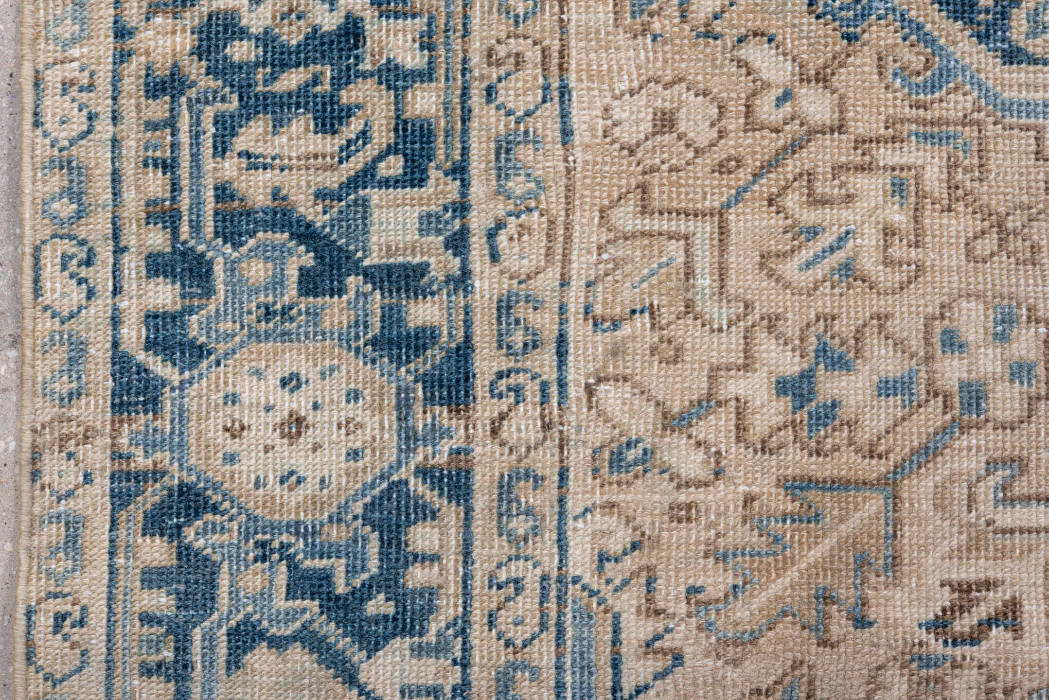 6' x 8' one-of-a-kind handmade antique Heriz medium size rug. Color palette: ivory, blue, navy, beige, taupe, camel, gray