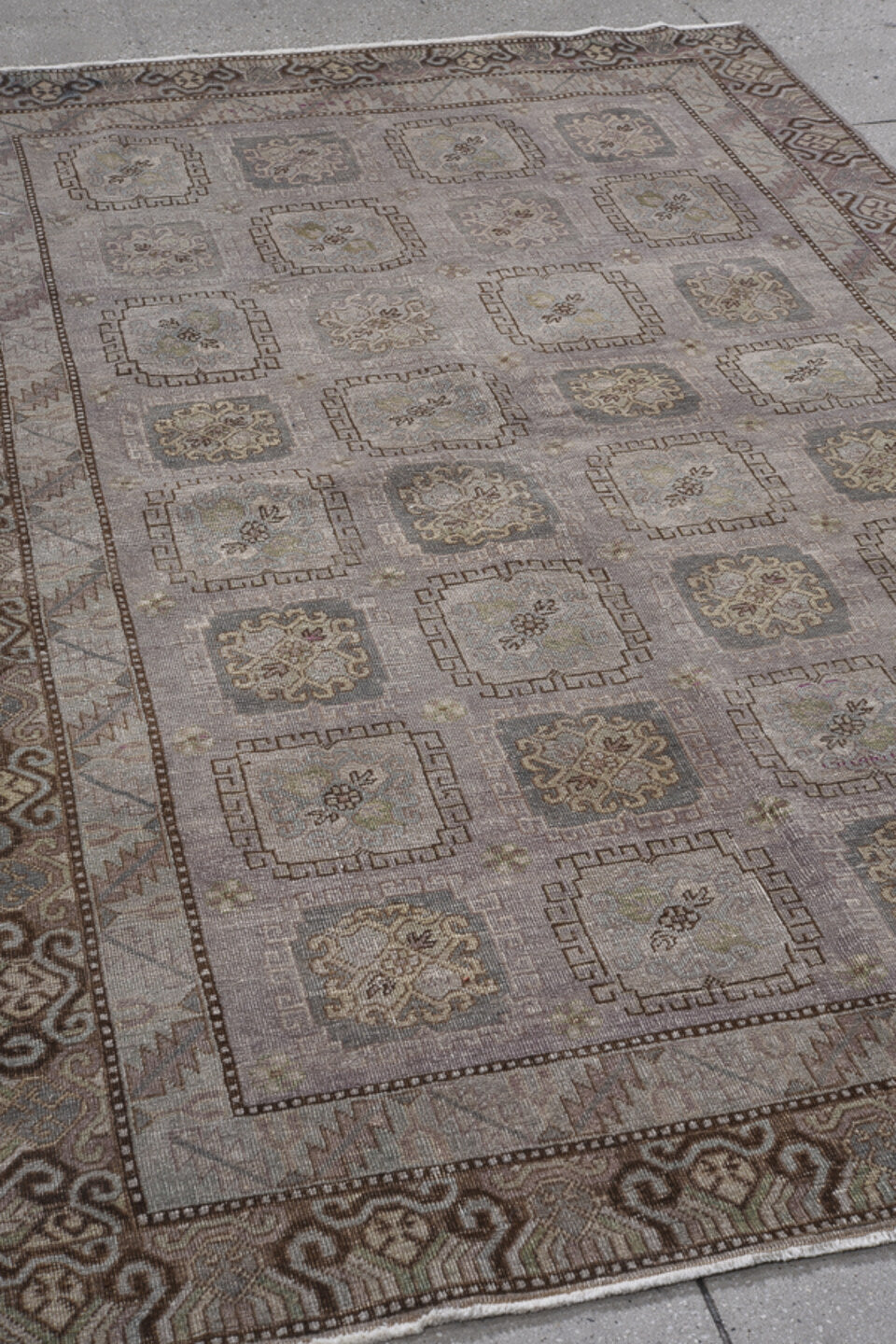 4' x 8' one-of-a-kind handmade vintage Khotan rug. Color palette: brown, dim gray, gray, light gray, pink