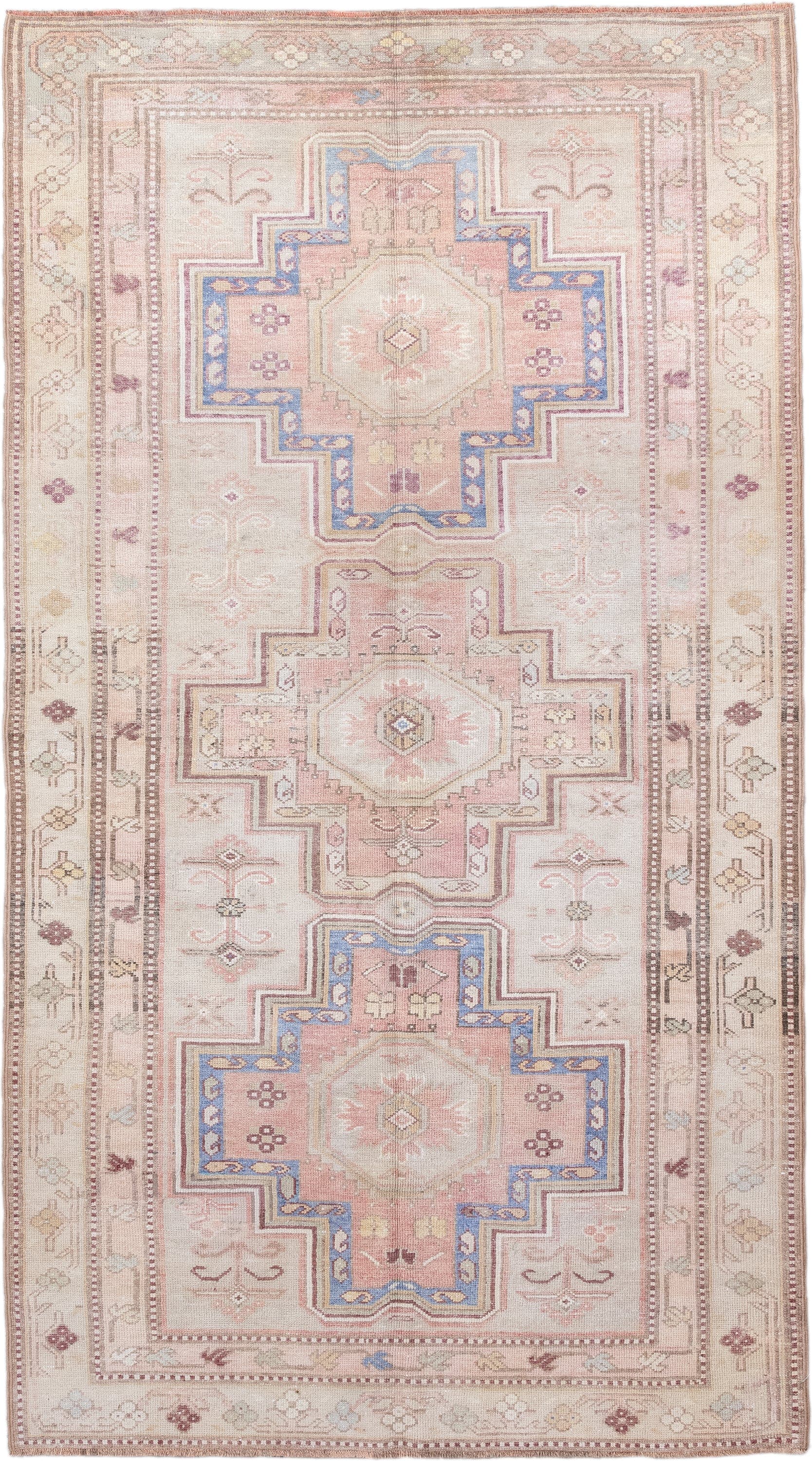 4' x 8' one-of-a-kind handmade antique Caucasian rug. Color palette: ivory, blush, rose, sky blue, taupe, dusty pink, sage