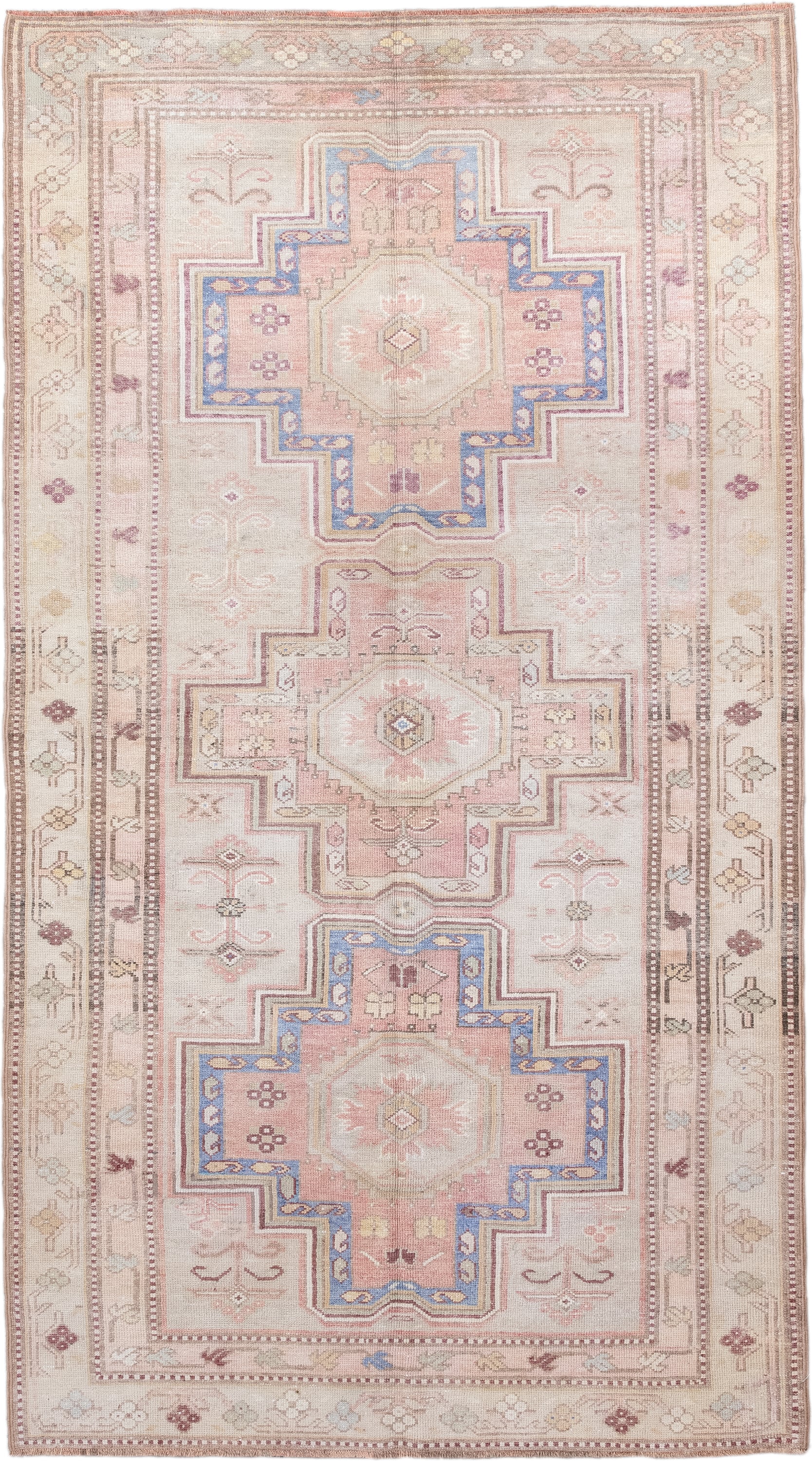 4' x 8' one-of-a-kind handmade antique Caucasian rug. Color palette: ivory, blush, rose, sky blue, taupe, dusty pink, sage