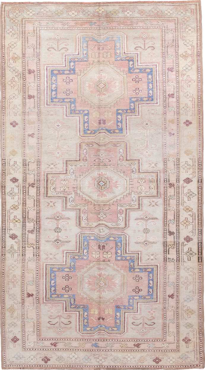 4' x 8' one-of-a-kind handmade vintage Caucasian rug. Color palette: antiquewhite, dark gray, gray, light gray, linen