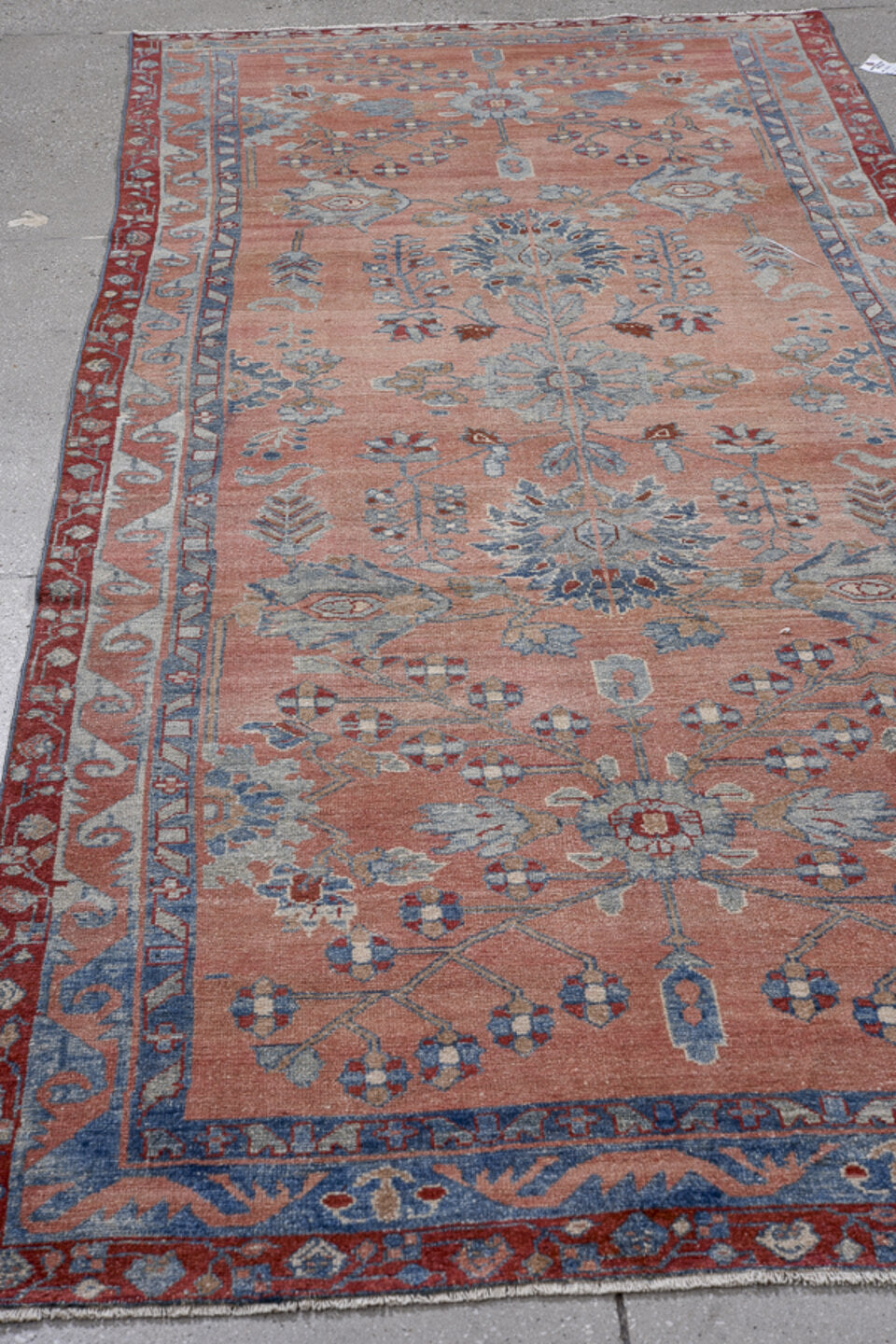 4' x 9' one-of-a-kind handmade antique Lilian runner rug. Color palette: rose, powder_blue, brick_red, ivory, slate