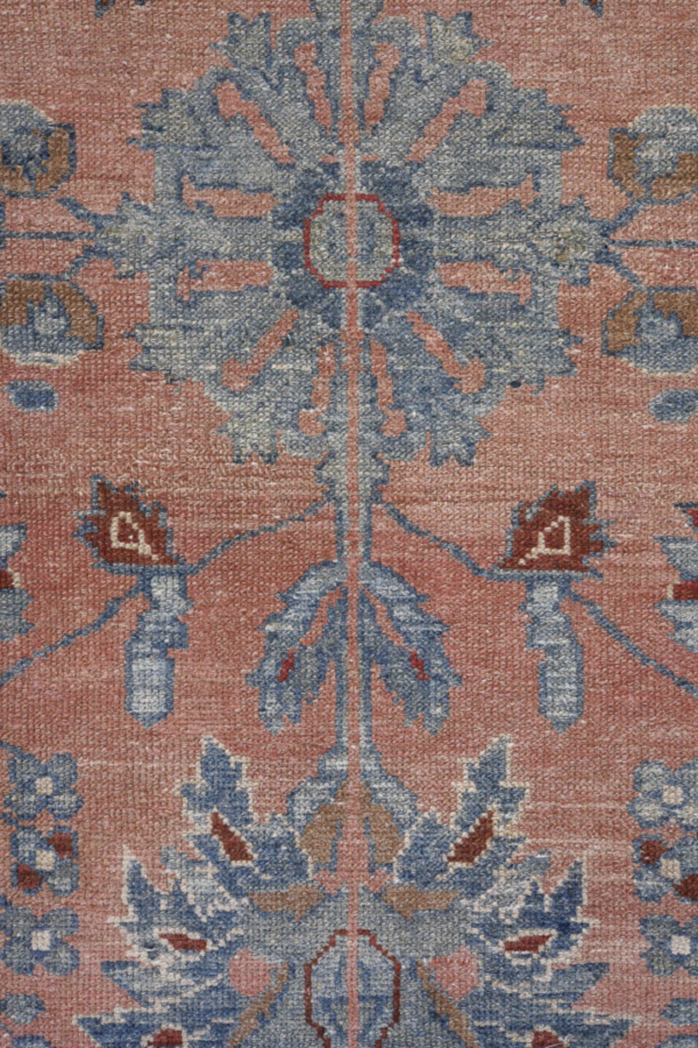 4' x 9' one-of-a-kind handmade antique Lilian runner rug. Color palette: rose, powder_blue, brick_red, ivory, slate