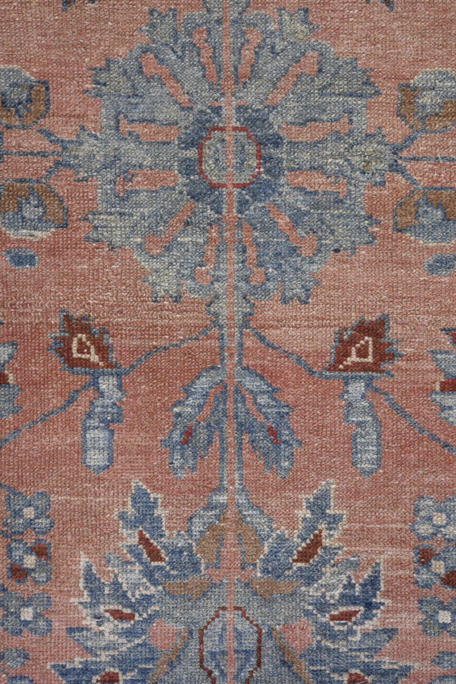 4' x 9' one-of-a-kind handmade antique Lilian runner rug. Color palette: rose, powder_blue, brick_red, ivory, slate
