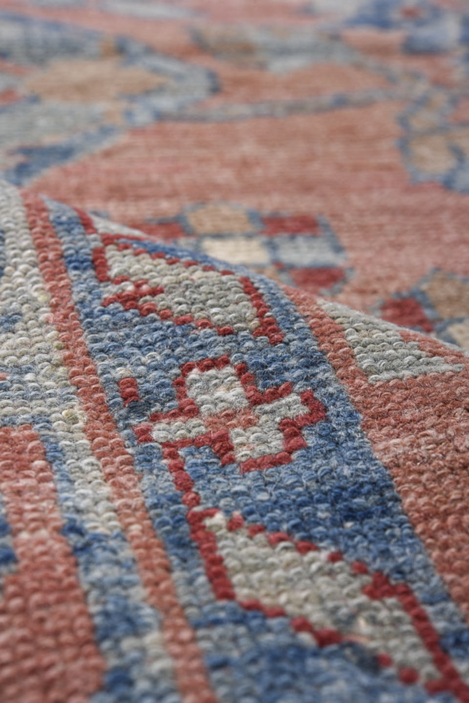 4' x 9' one-of-a-kind handmade antique Lilian runner rug. Color palette: rose, powder_blue, brick_red, ivory, slate