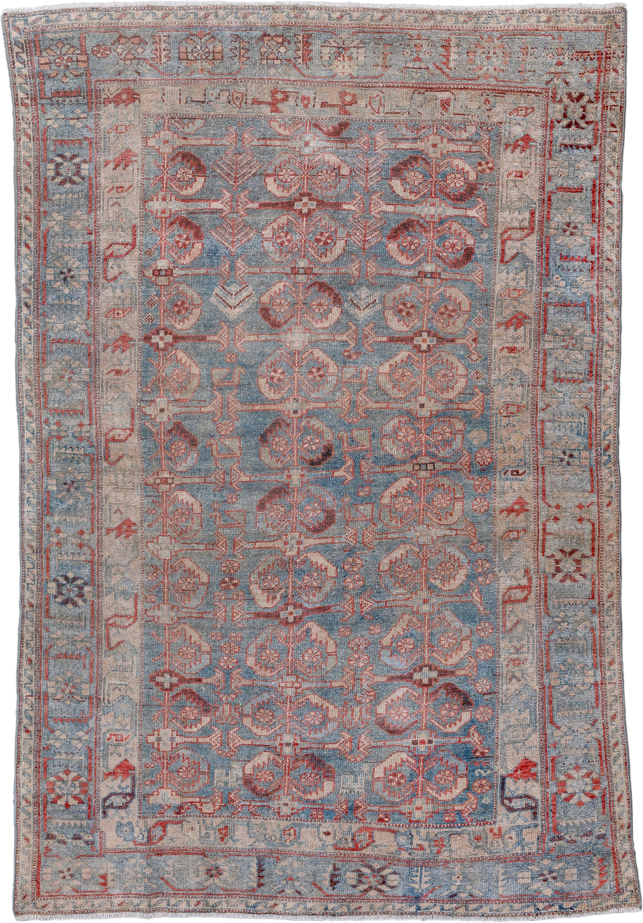 4' x 6' one-of-a-kind handmade vintage Malayer small size rug. Color palette: pale blue, ivory, terra cotta, rust, slate