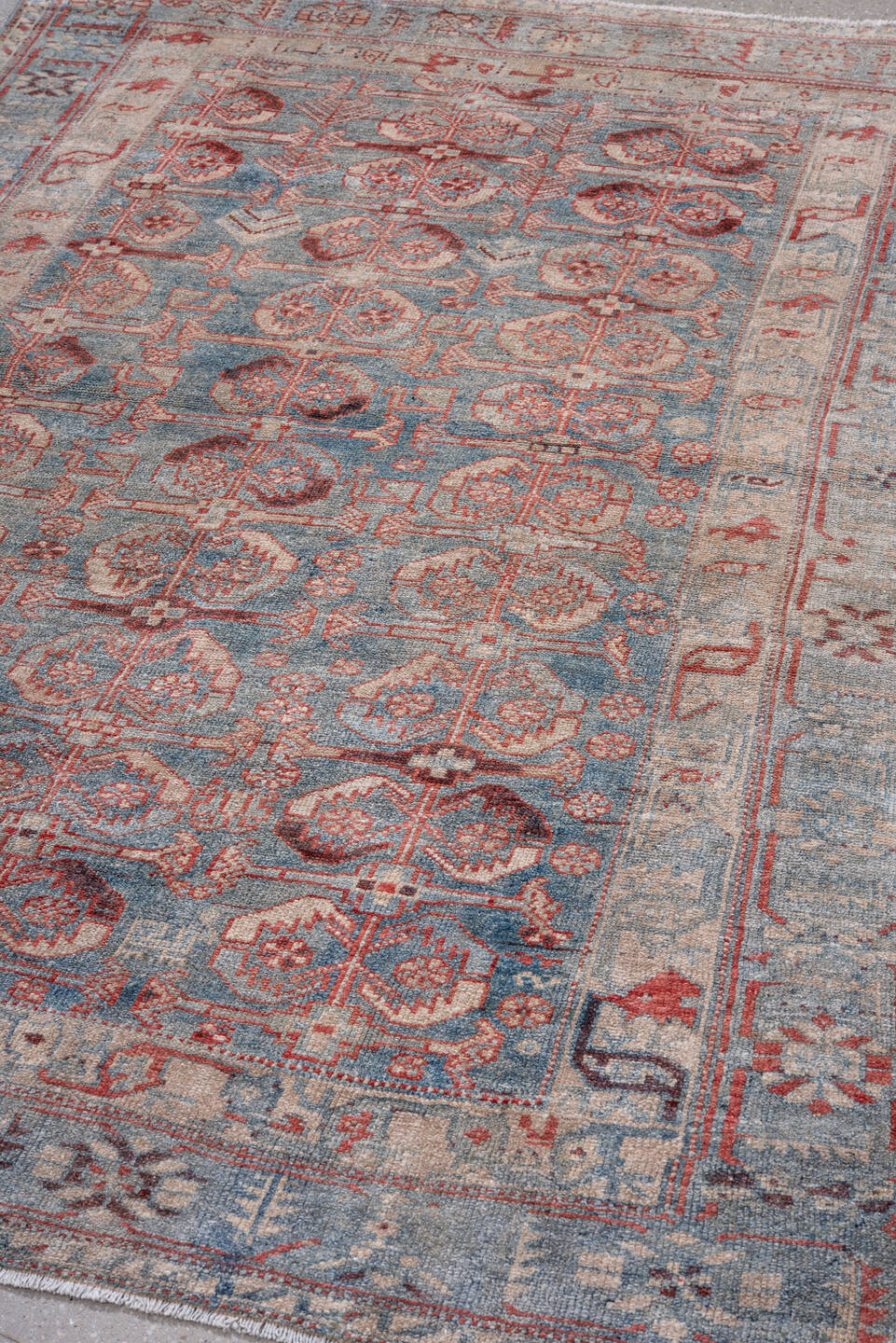 4' x 6' one-of-a-kind handmade vintage Malayer small size rug. Color palette: blue, brown, dark gray, dim gray, gray