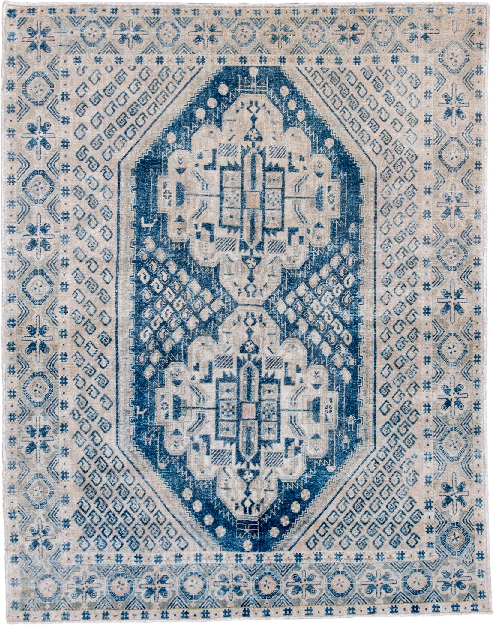 4' x 5' one-of-a-kind handmade antique Afshar small size rug. Color palette: ivory, indigo, slate, cream, pale blue, purple
