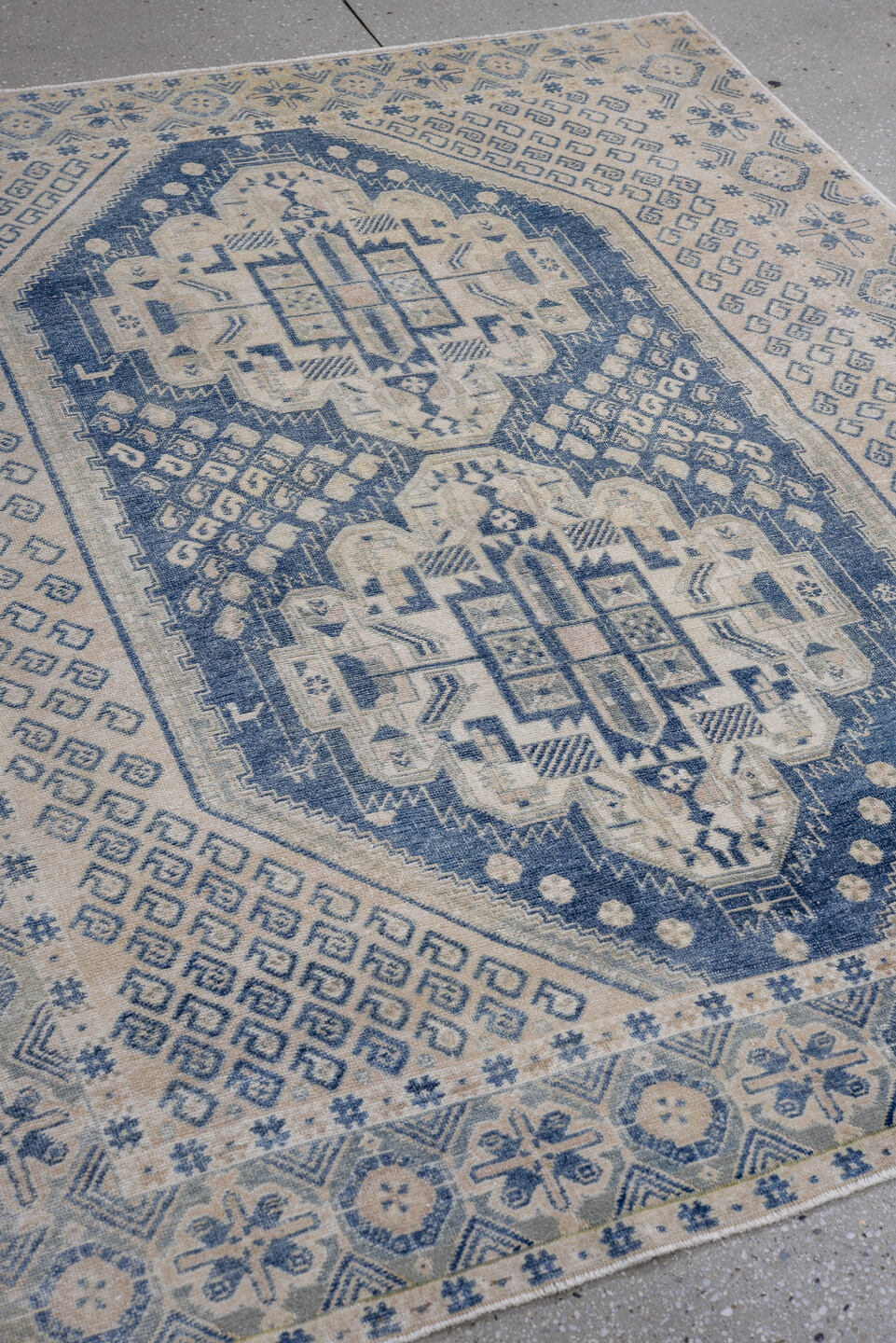 4' x 5' one-of-a-kind handmade antique Afshar small size rug. Color palette: ivory, indigo, slate, cream, pale blue, purple
