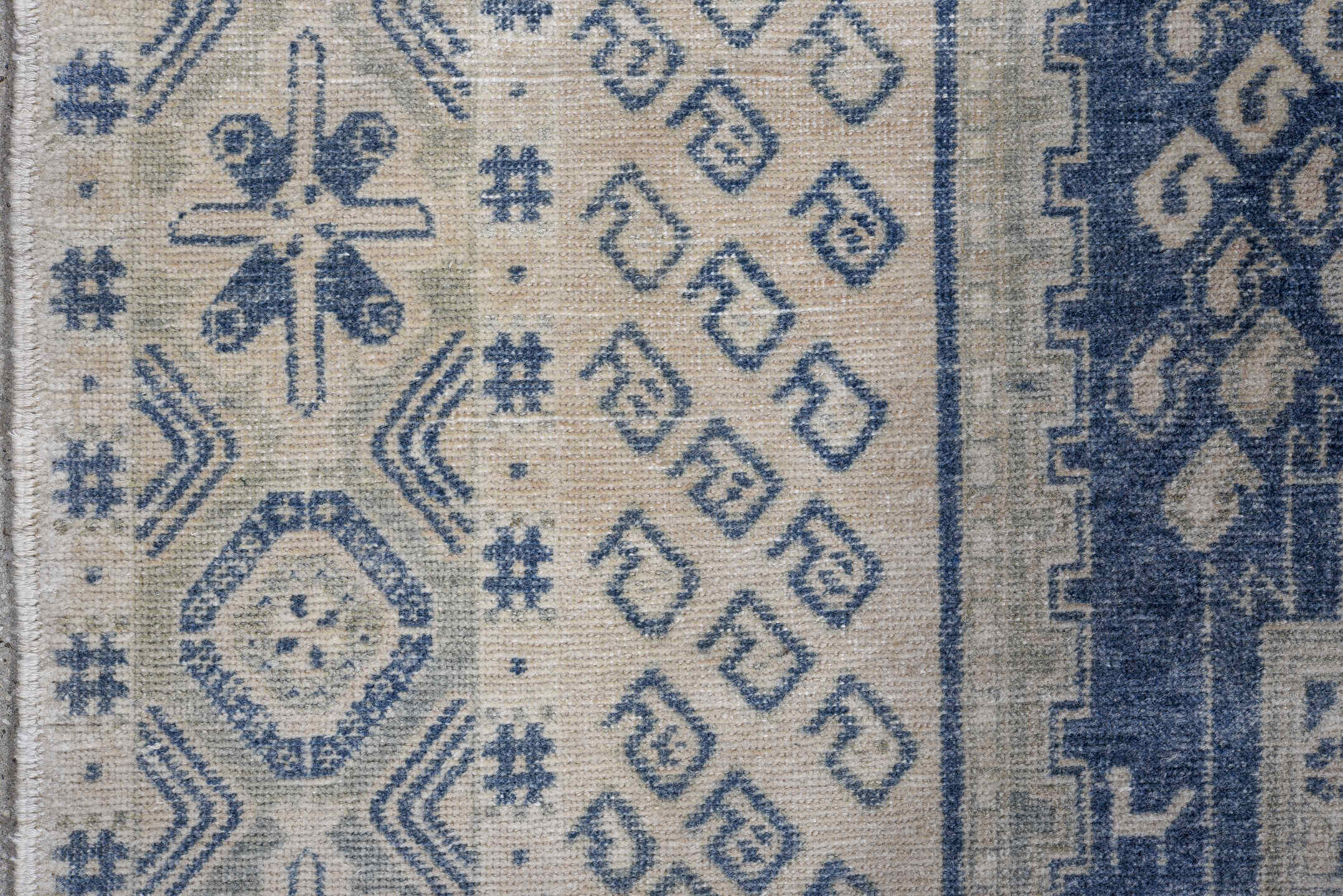 4' x 5' one-of-a-kind handmade antique Afshar small size rug. Color palette: ivory, indigo, slate, cream, pale blue, purple