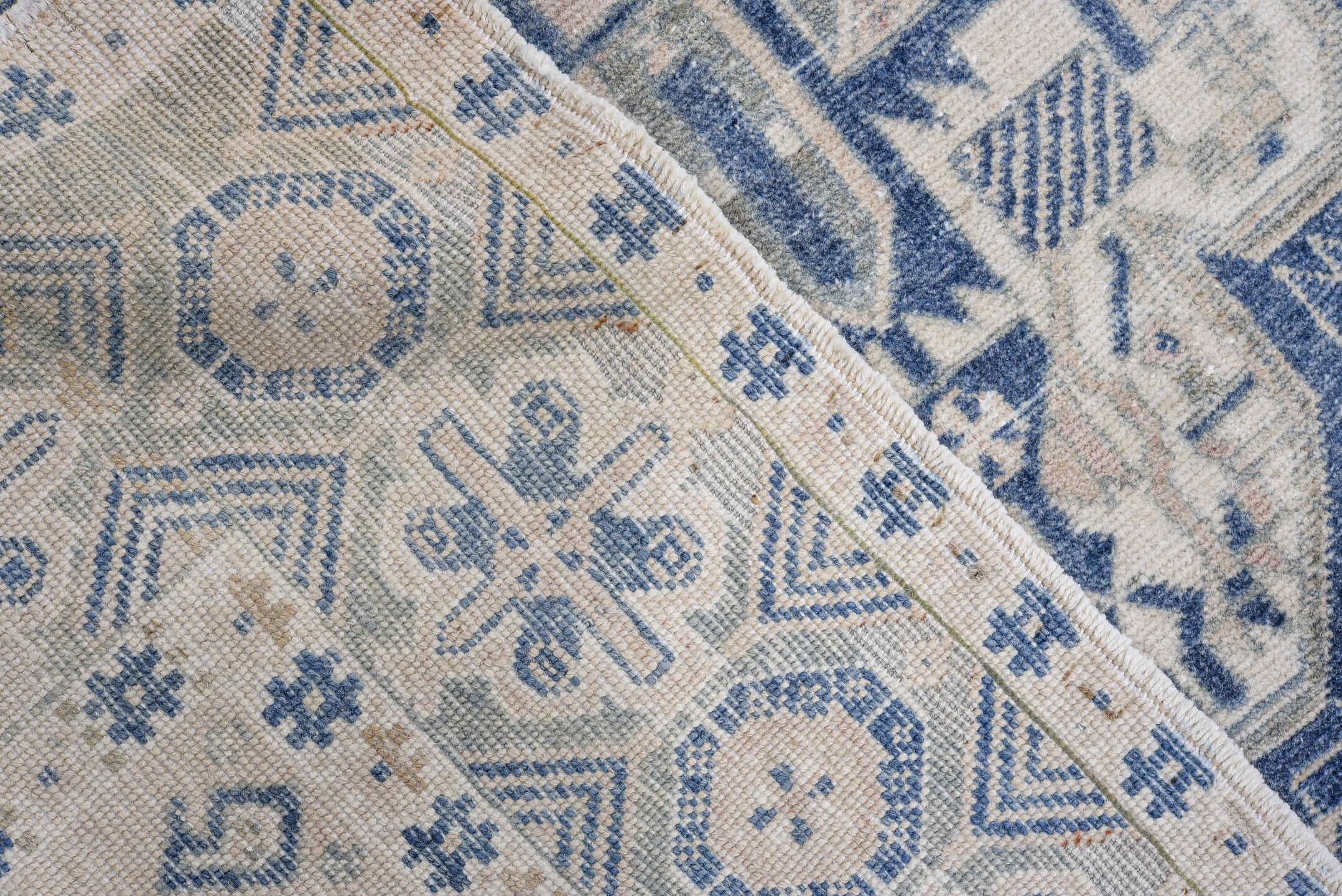 4' x 5' one-of-a-kind handmade antique Afshar small size rug. Color palette: ivory, indigo, slate, cream, pale blue, purple