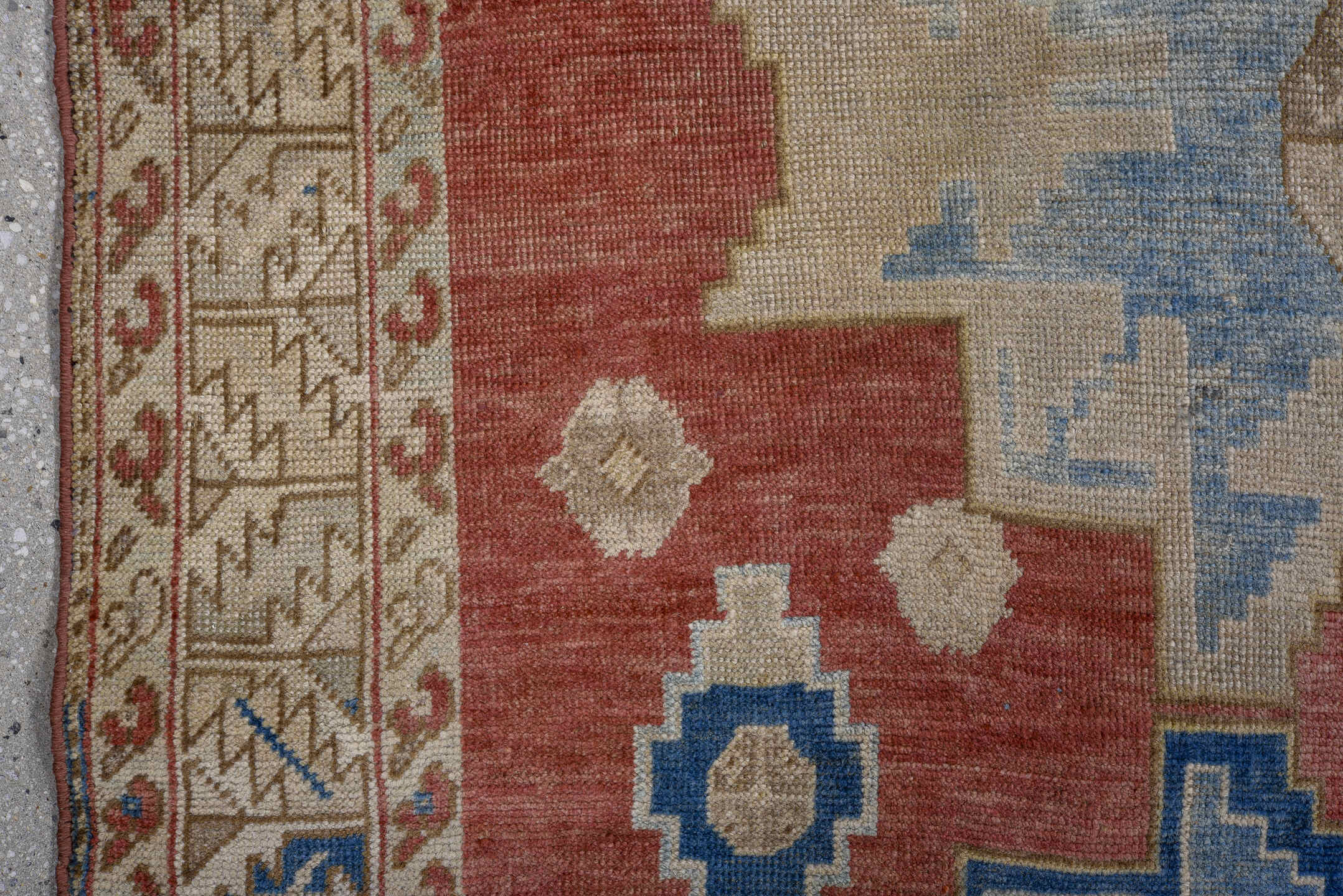 3' x 5' one-of-a-kind handmade vintage Kazak small size rug. Color palette: blue, brown, dark gray, gray, light gray, red