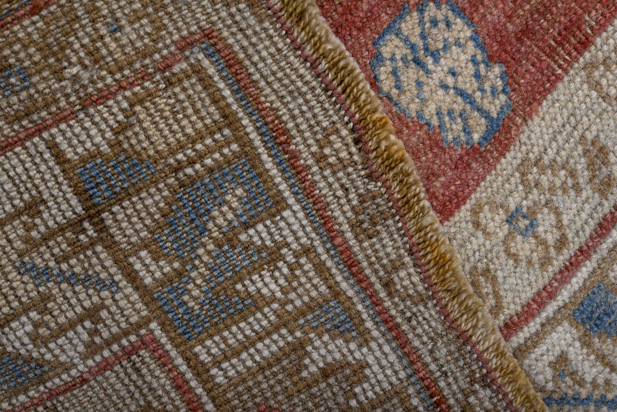 3' x 5' one-of-a-kind handmade vintage Kazak small size rug. Color palette: blue, brown, dark gray, gray, light gray, red