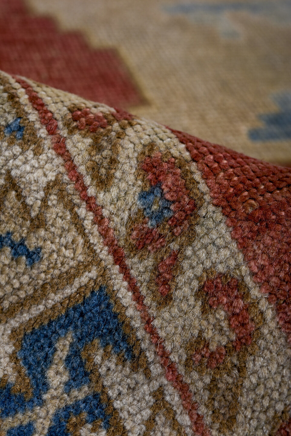 3' x 5' one-of-a-kind handmade vintage Kazak small size rug. Color palette: blue, brown, dark gray, gray, light gray, red