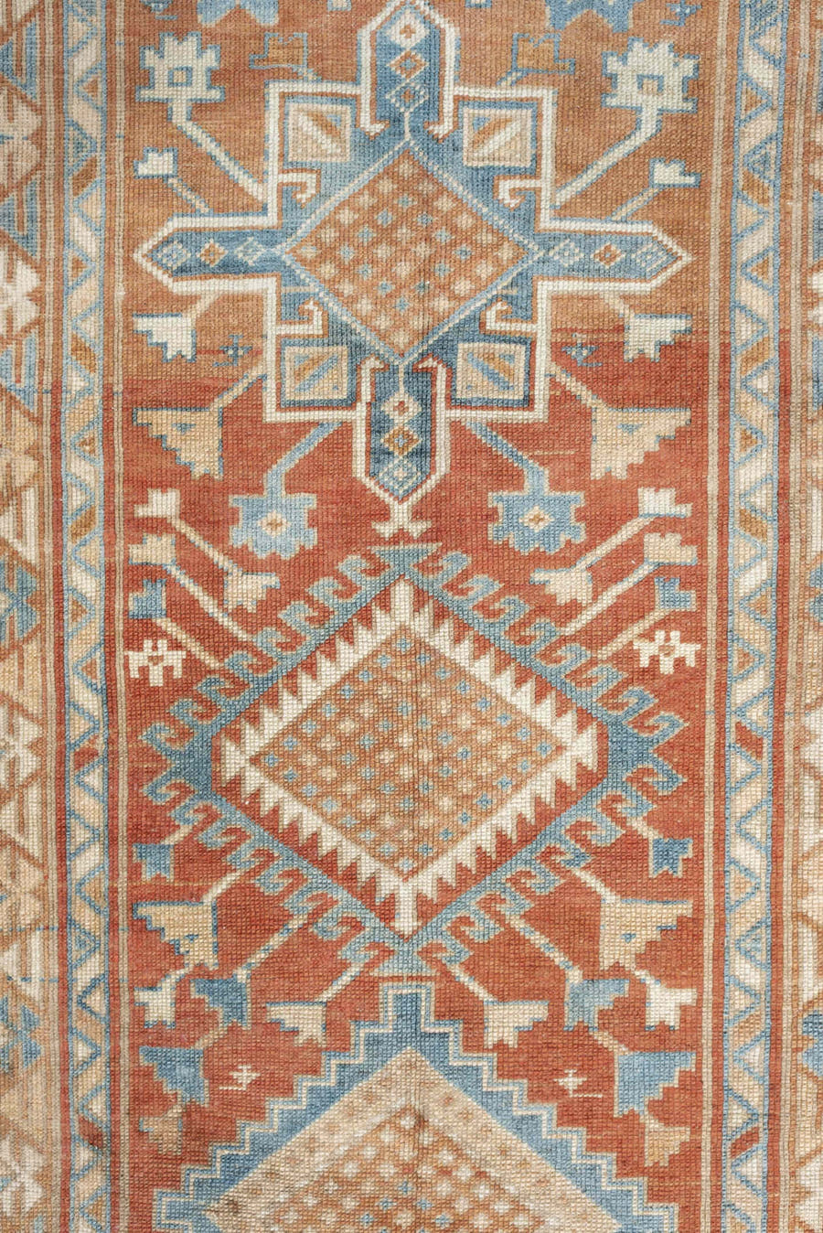 2' x 11' one-of-a-kind handmade antique NW Persian runner rug. Color palette: terracotta, ivory, sky blue, camel, taupe