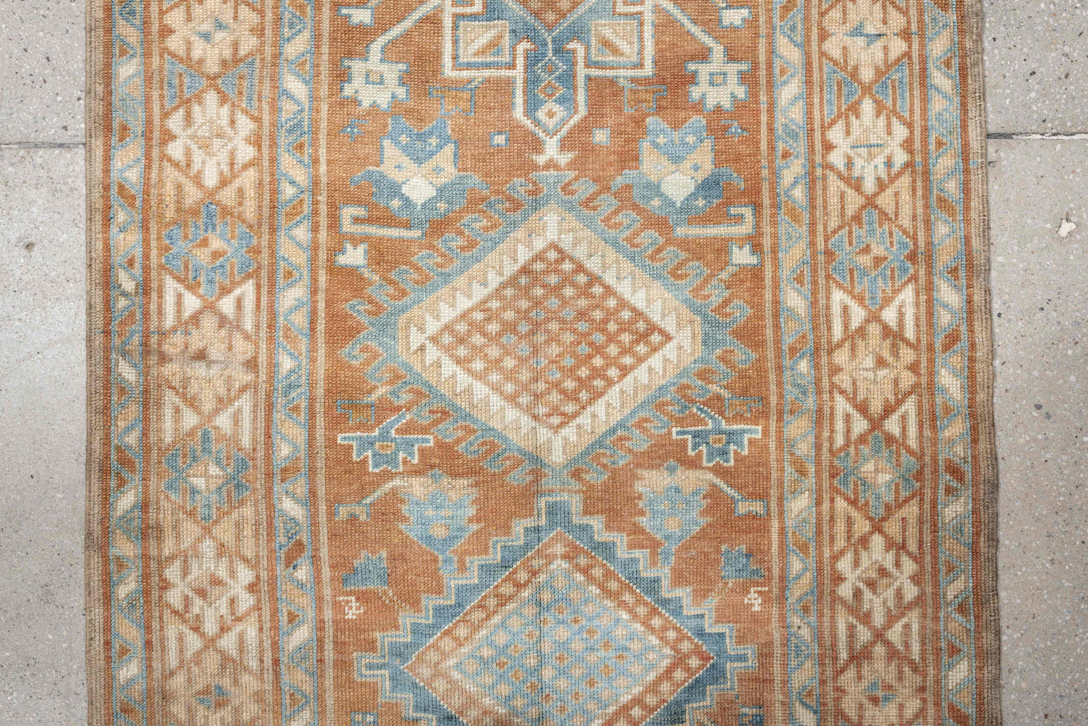 2' x 11' one-of-a-kind handmade antique NW Persian runner rug. Color palette: terracotta, ivory, sky blue, camel, taupe