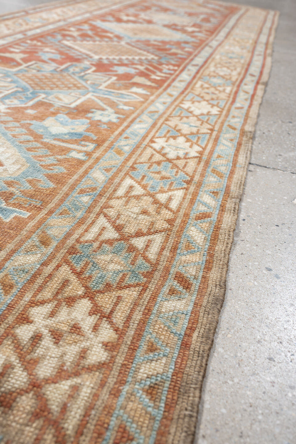 2' x 11' one-of-a-kind handmade antique NW Persian runner rug. Color palette: terracotta, ivory, sky blue, camel, taupe