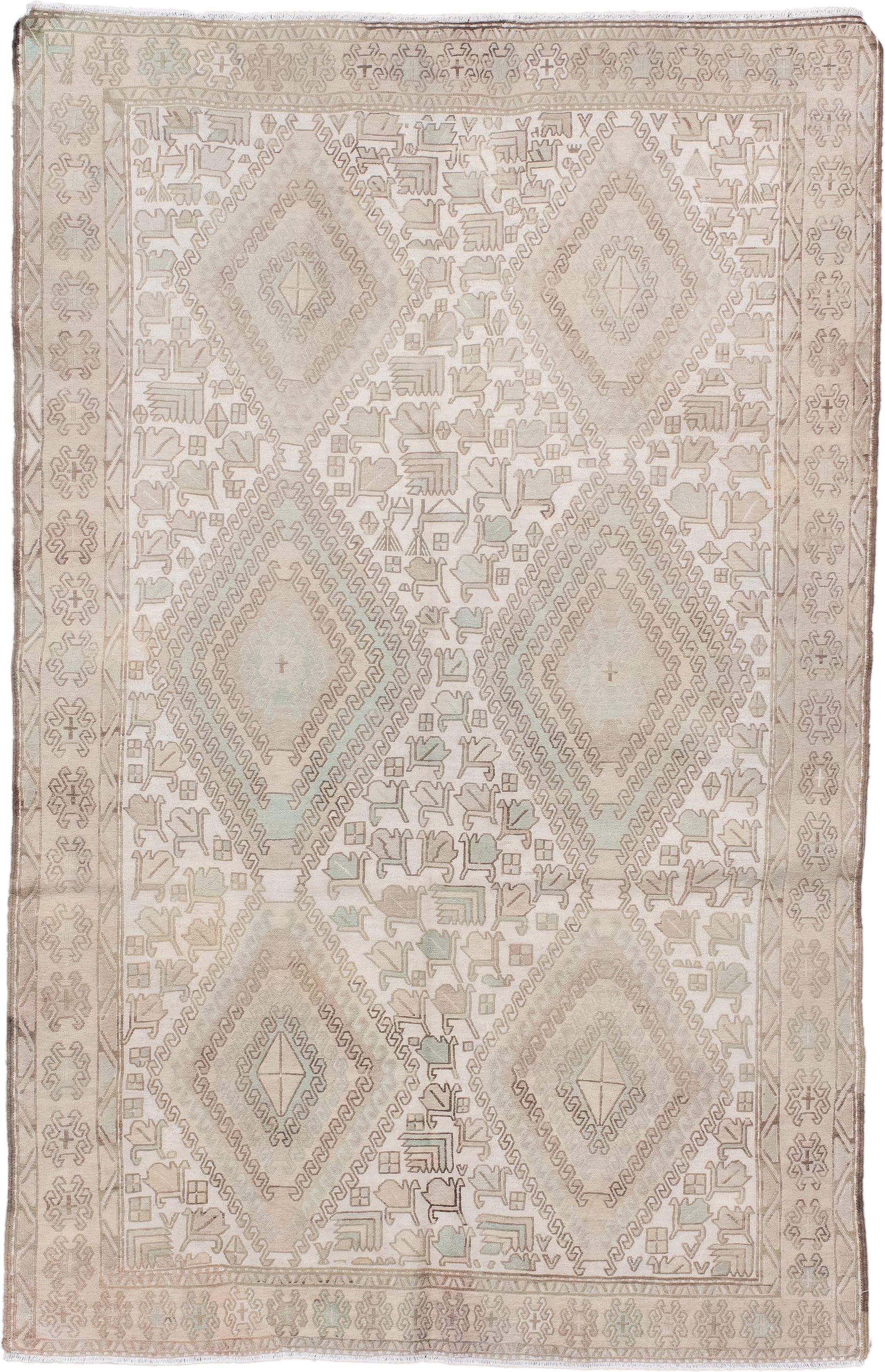 4' x 6' one-of-a-kind handmade vintage Sumak small size rug. Color palette: ivory, taupe, beige, blush, pale sage, sand