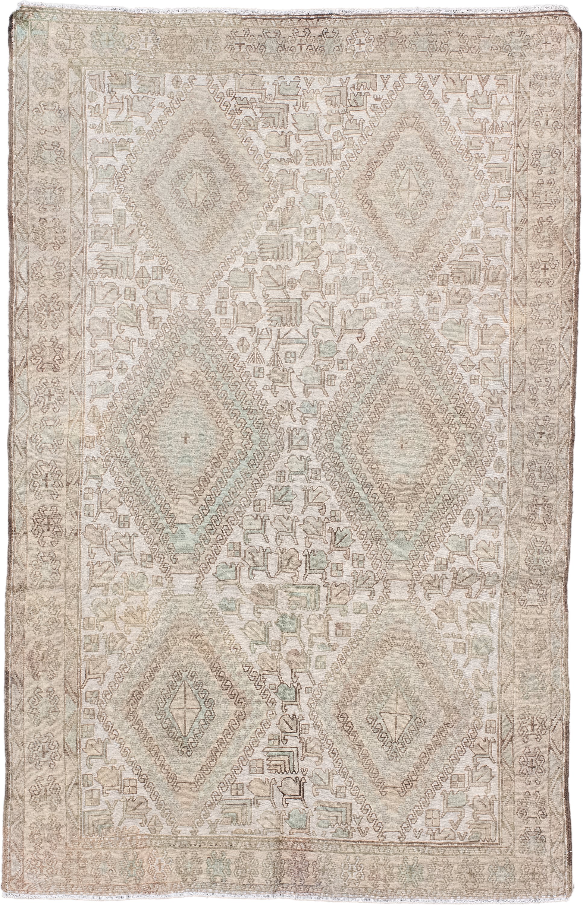 4' x 6' one-of-a-kind handmade vintage Sumak small size rug. Color palette: ivory, taupe, beige, blush, pale sage, sand