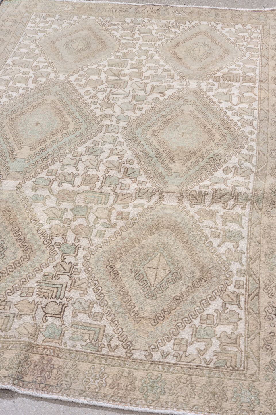 4' x 6' one-of-a-kind handmade vintage Sumak small size rug. Color palette: ivory, taupe, beige, blush, pale sage, sand