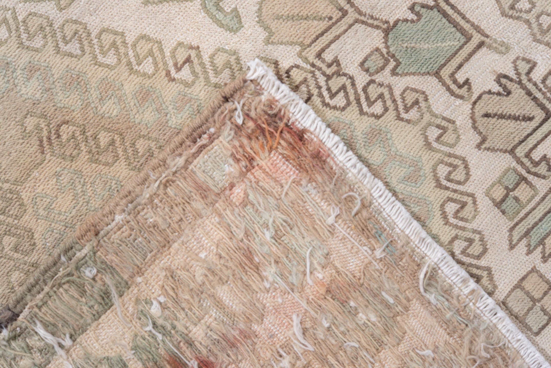 4' x 6' one-of-a-kind handmade vintage Sumak small size rug. Color palette: ivory, taupe, beige, blush, pale sage, sand