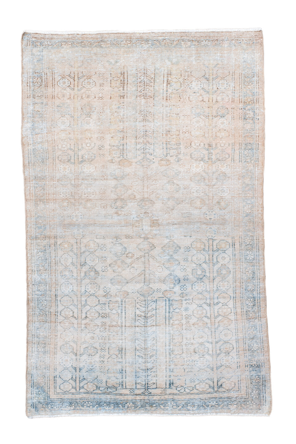 4' x 6' one-of-a-kind handmade vintage Mahal small size rug. Color palette: ivory, pale blue, beige, taupe, cream