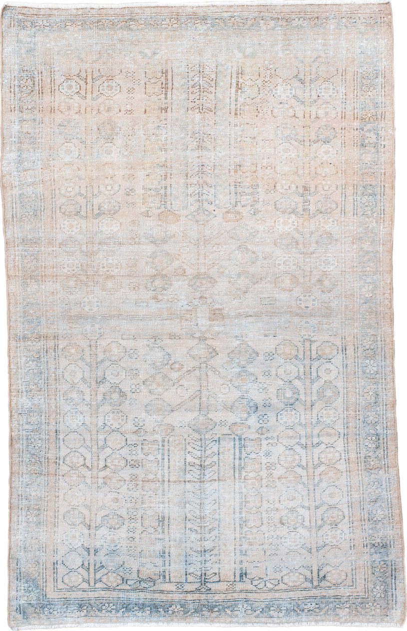 4' x 6' one-of-a-kind handmade vintage Mahal small size rug. Color palette: ivory, pale blue, beige, taupe, cream