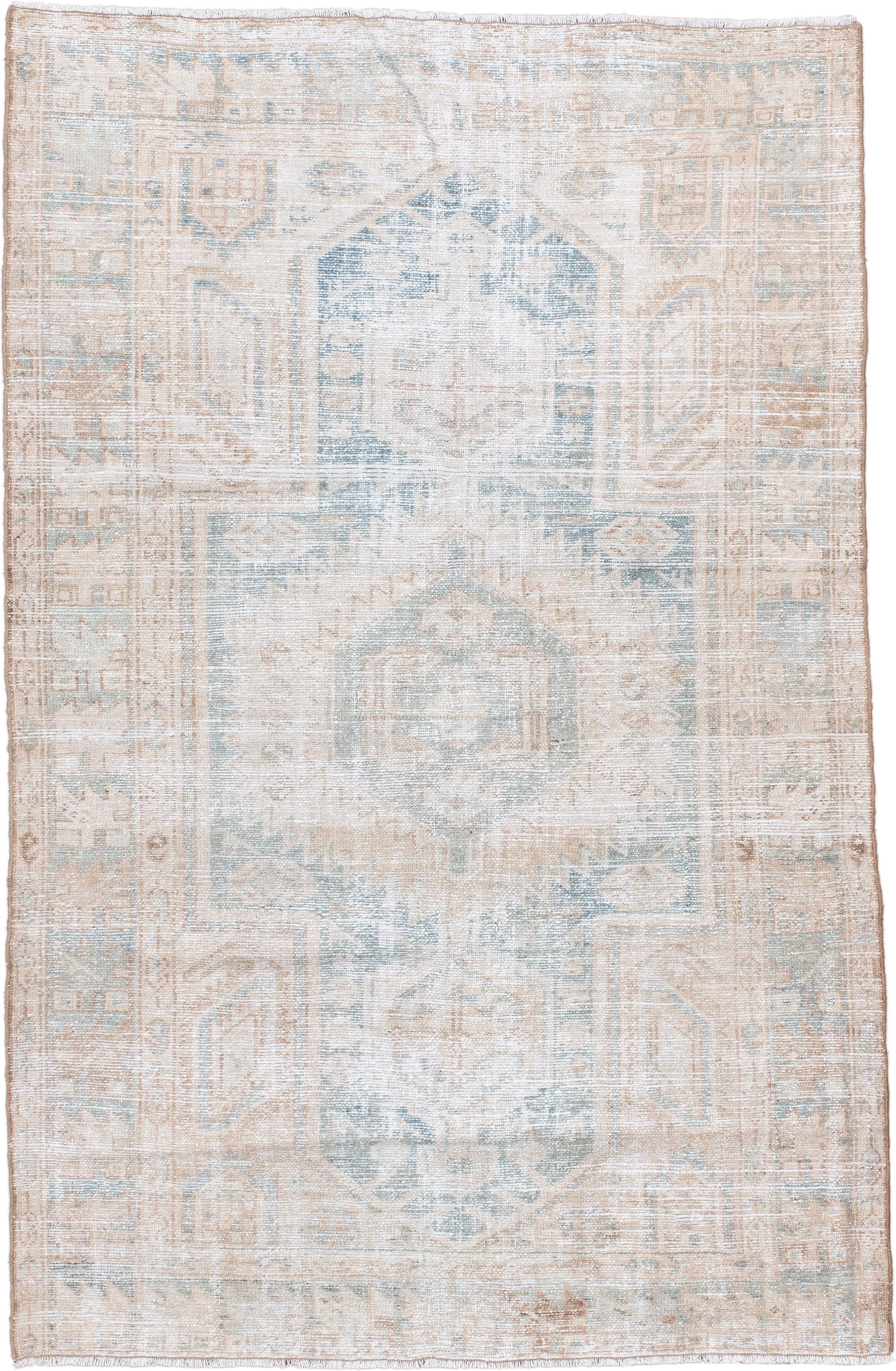 4' x 6' one-of-a-kind handmade vintage Hamadan small size rug. Color palette: ivory, sand, sky blue, beige, taupe