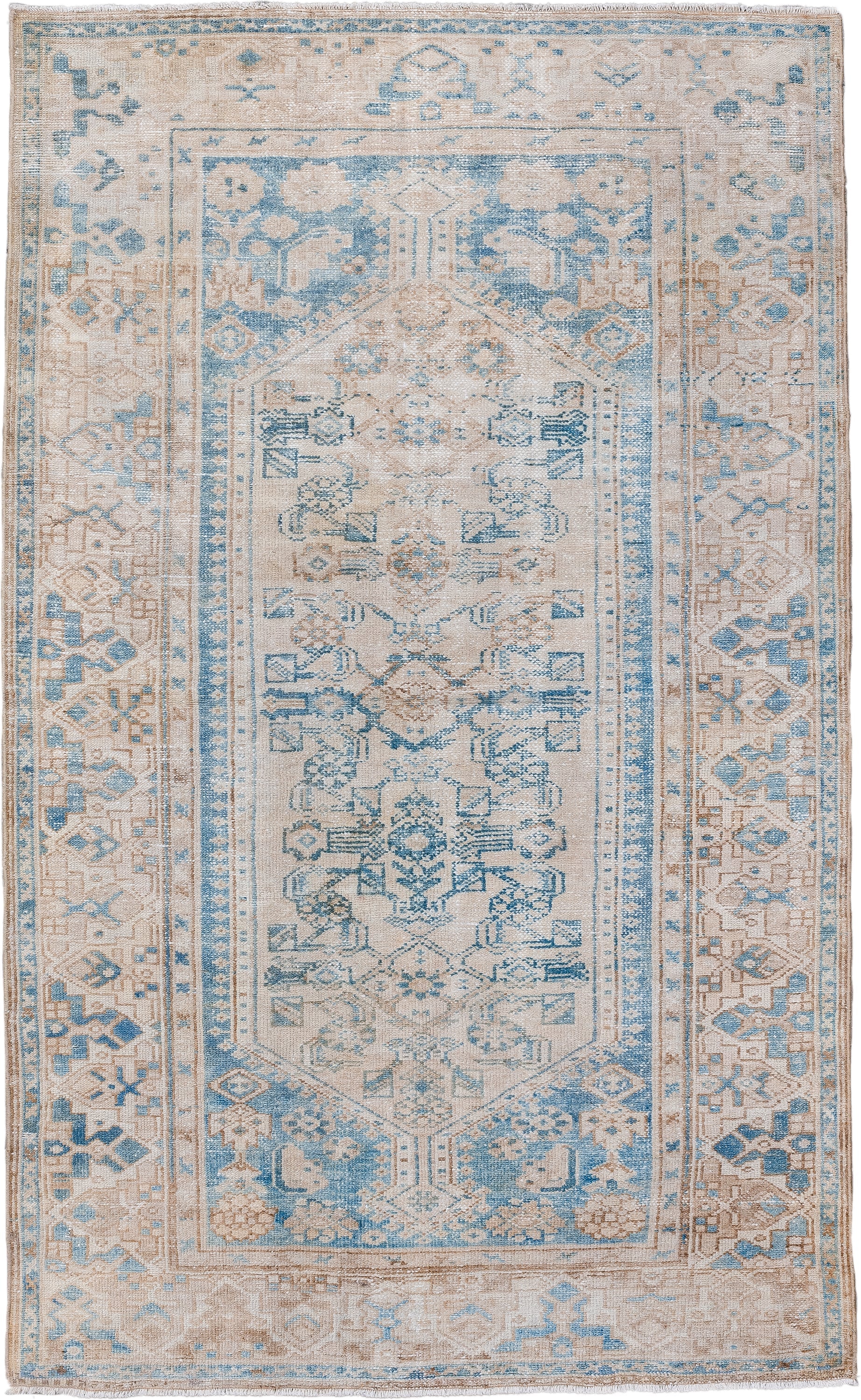 4' x 6' one-of-a-kind handmade vintage Hamadan small size rug. Color palette: ivory, sky blue, beige, taupe, camel