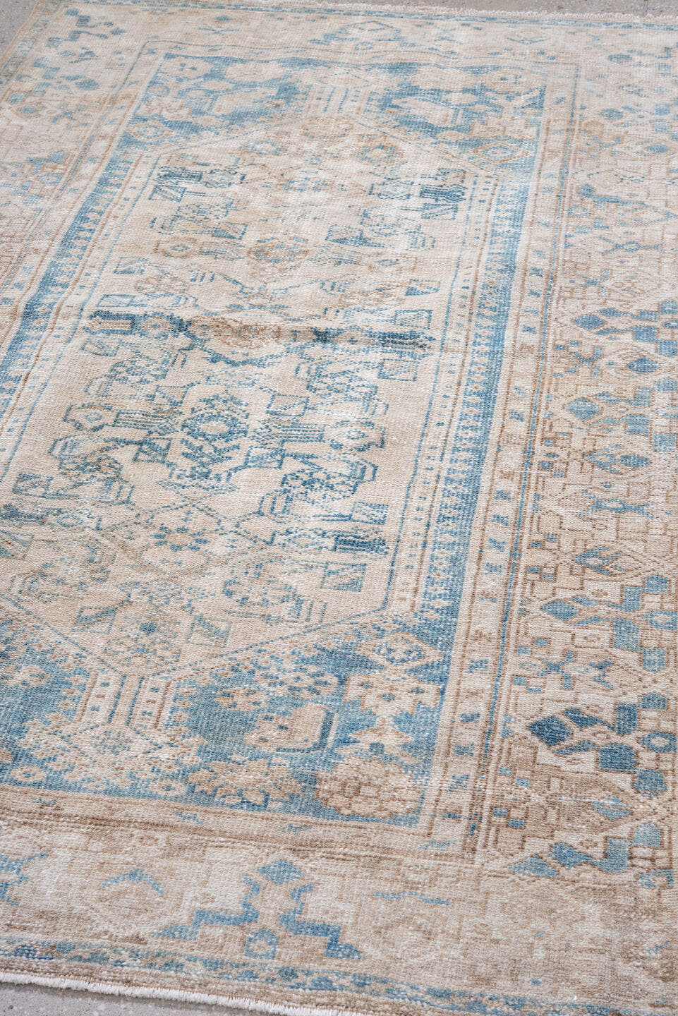 4' x 6' one-of-a-kind handmade vintage Hamadan small size rug. Color palette: ivory, sky blue, beige, taupe, camel