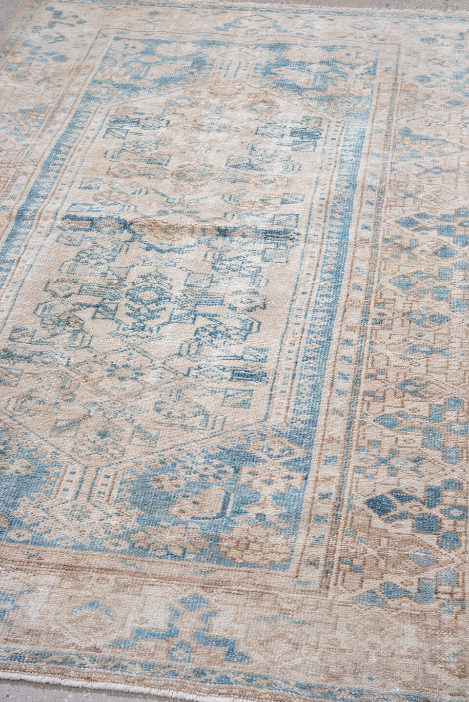 4' x 6' one-of-a-kind handmade vintage Hamadan small size rug. Color palette: ivory, sky blue, beige, taupe, camel