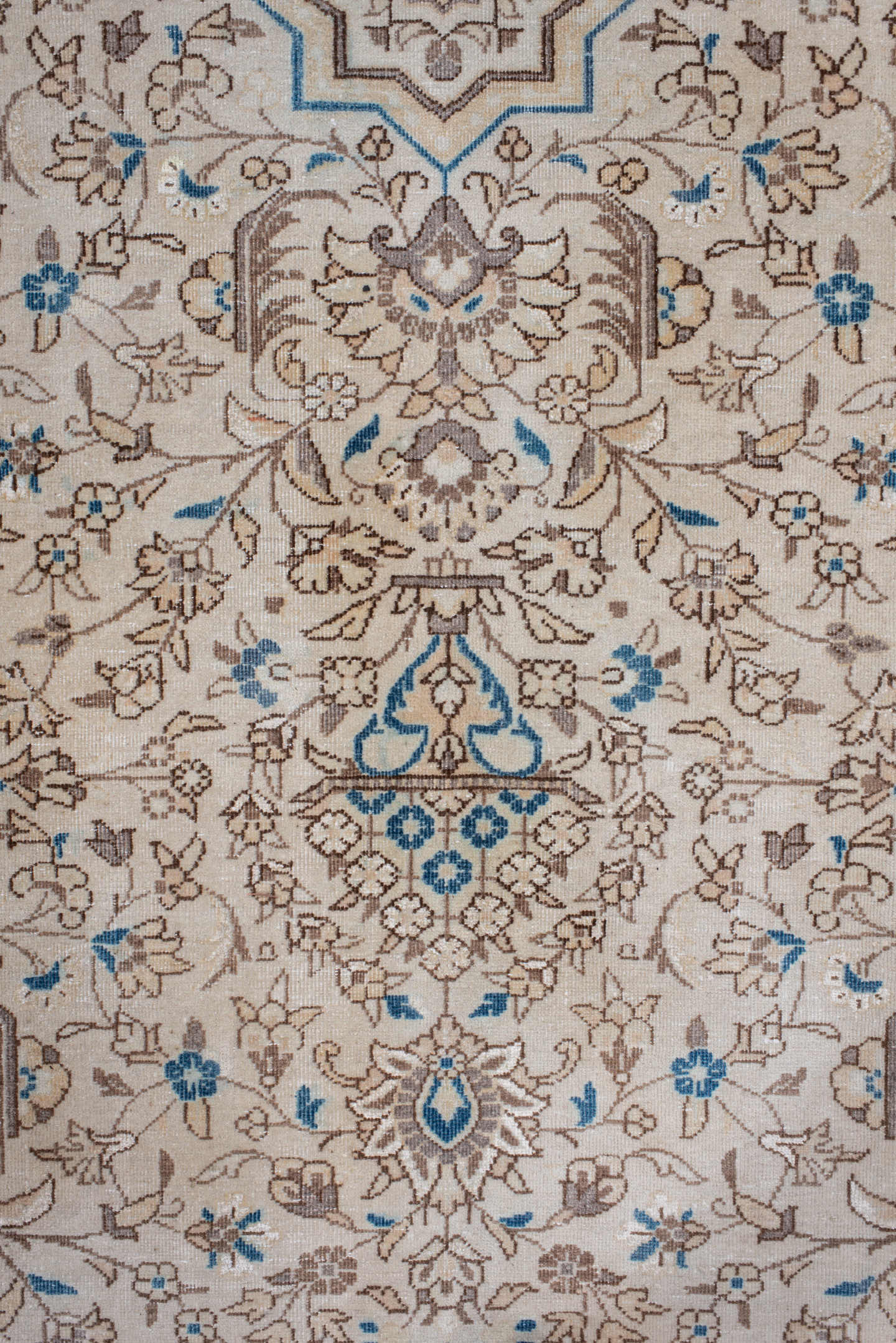 7' x 11' one-of-a-kind handmade antique Tabriz large size rug. Color palette: ivory, sky blue, taupe, beige, camel