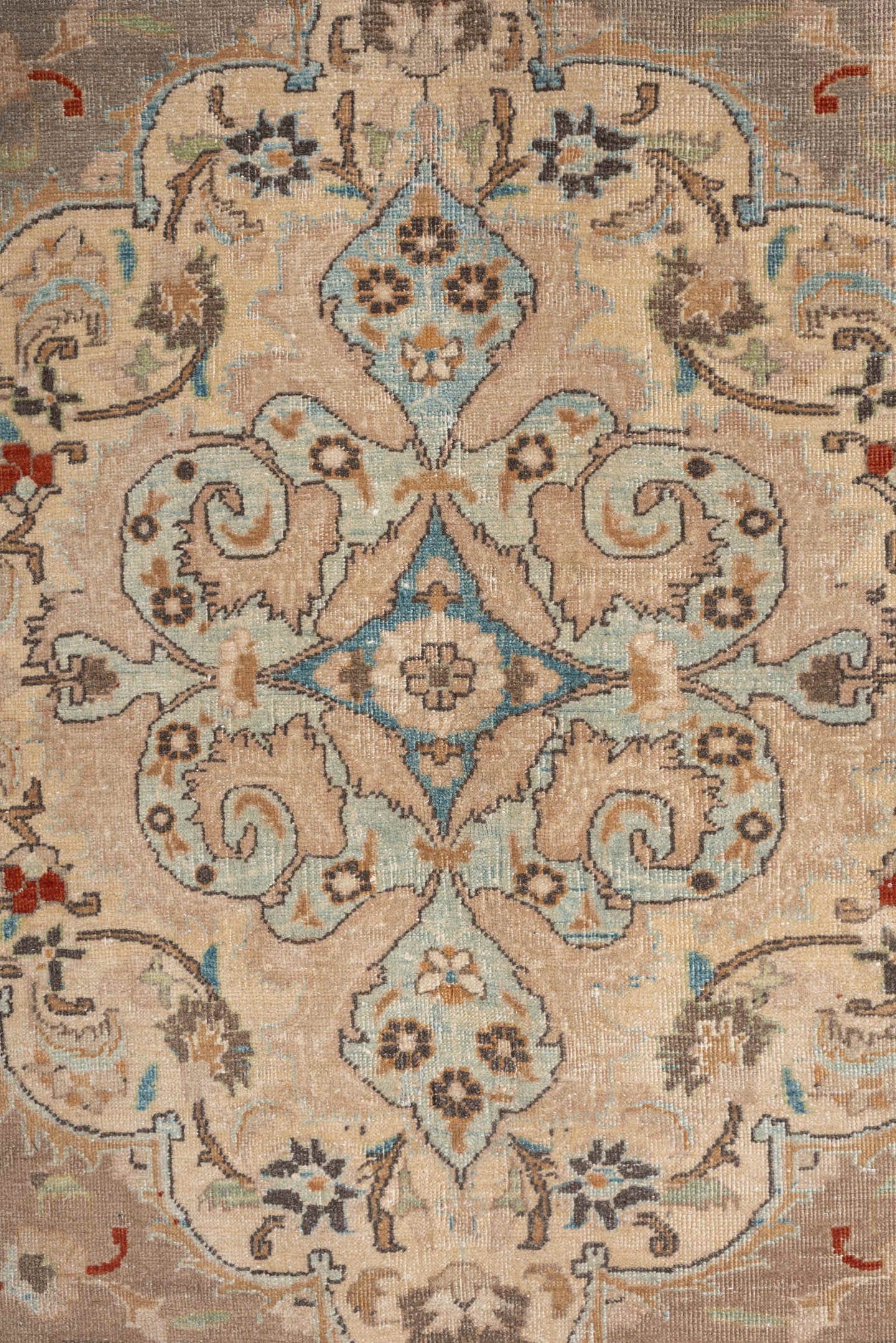 9' x 12' one-of-a-kind handmade vintage Tabriz large size rug. Color palette: taupe, ivory, camel, pale blue, rust, cream