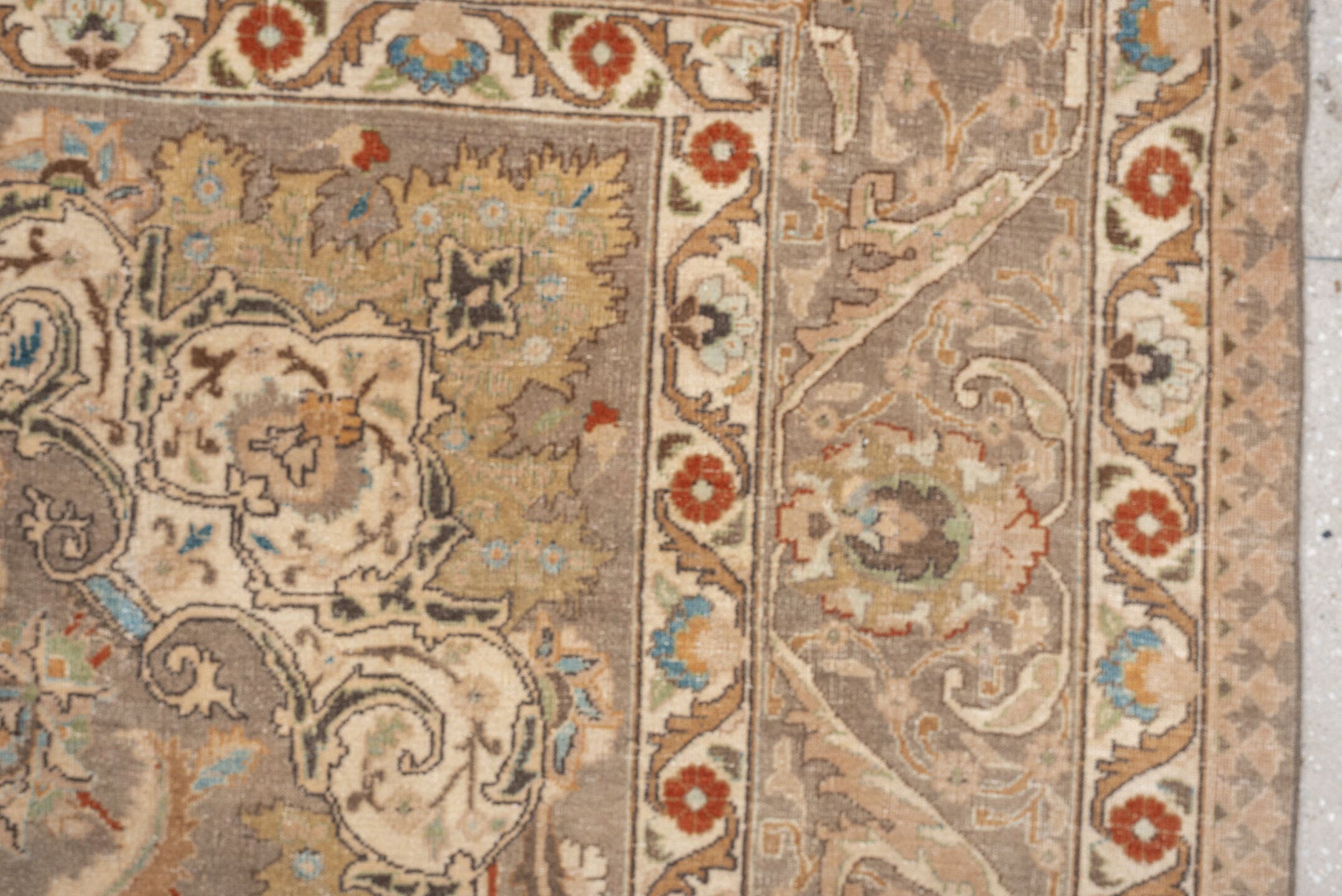 9' x 12' one-of-a-kind handmade vintage Tabriz large size rug. Color palette: taupe, ivory, camel, pale blue, rust, cream