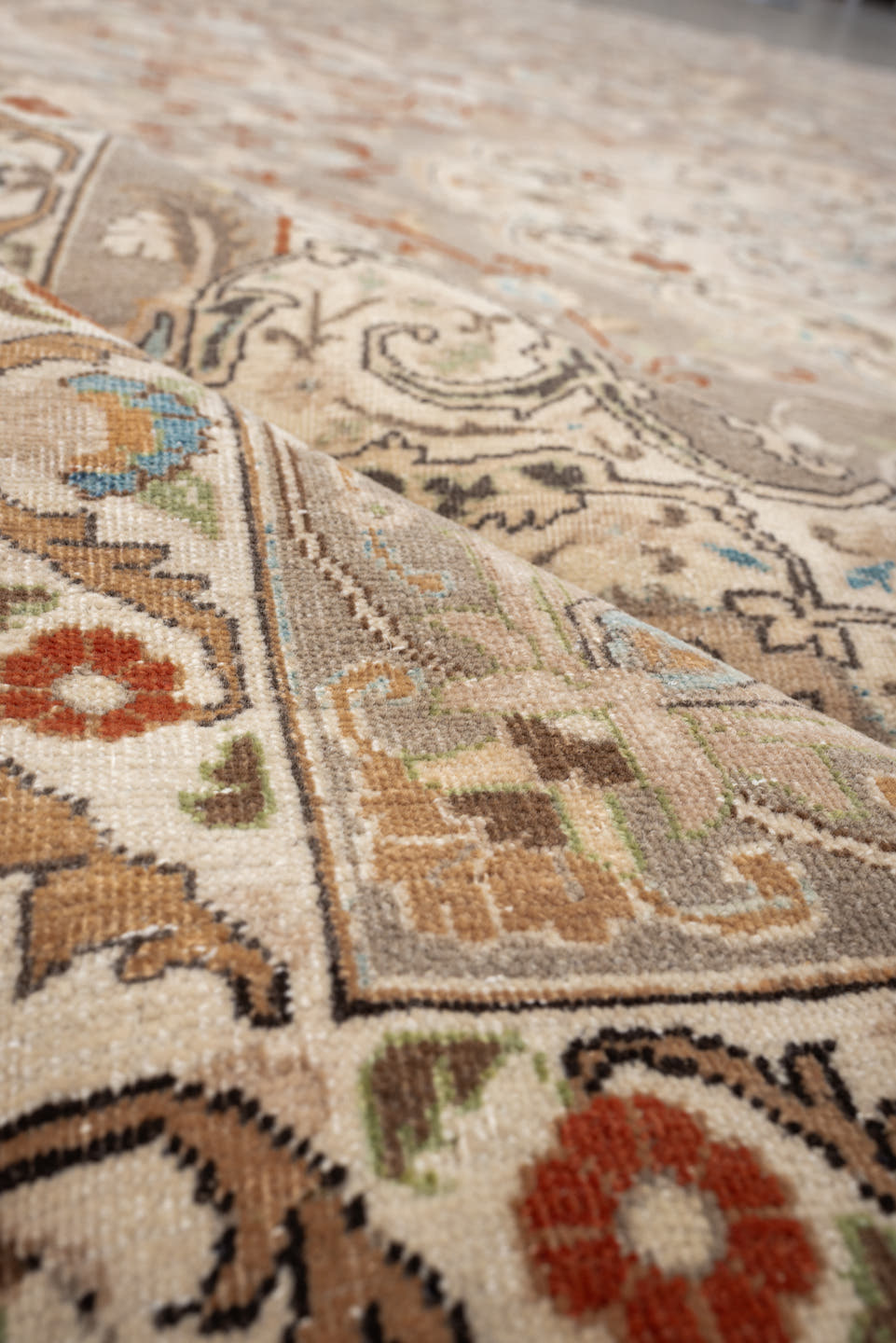 9' x 12' one-of-a-kind handmade vintage Tabriz large size rug. Color palette: taupe, ivory, camel, pale blue, rust, cream