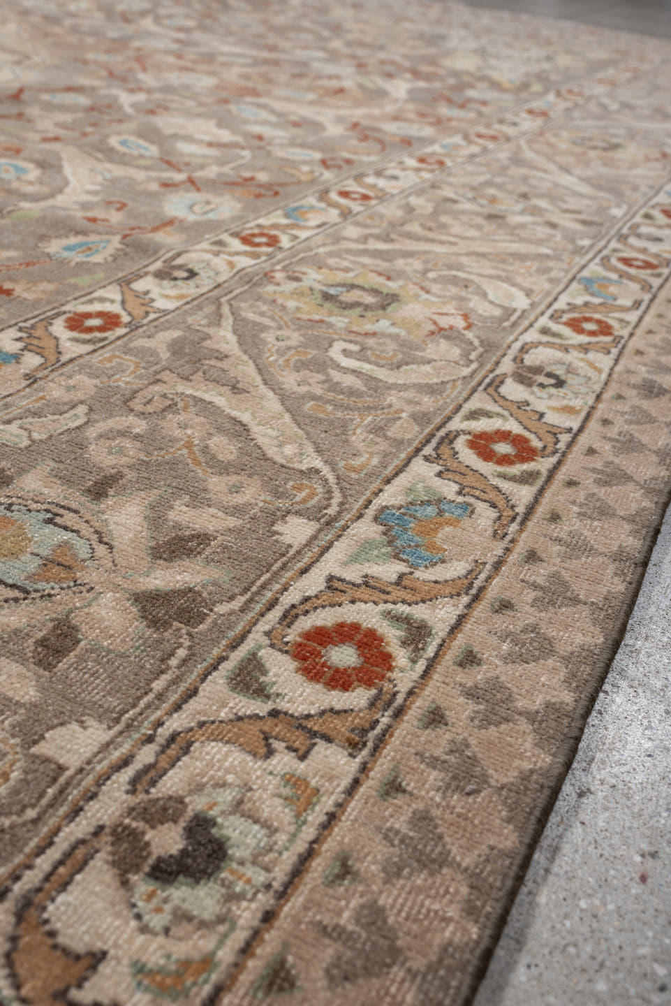 9' x 12' one-of-a-kind handmade vintage Tabriz large size rug. Color palette: taupe, ivory, camel, pale blue, rust, cream
